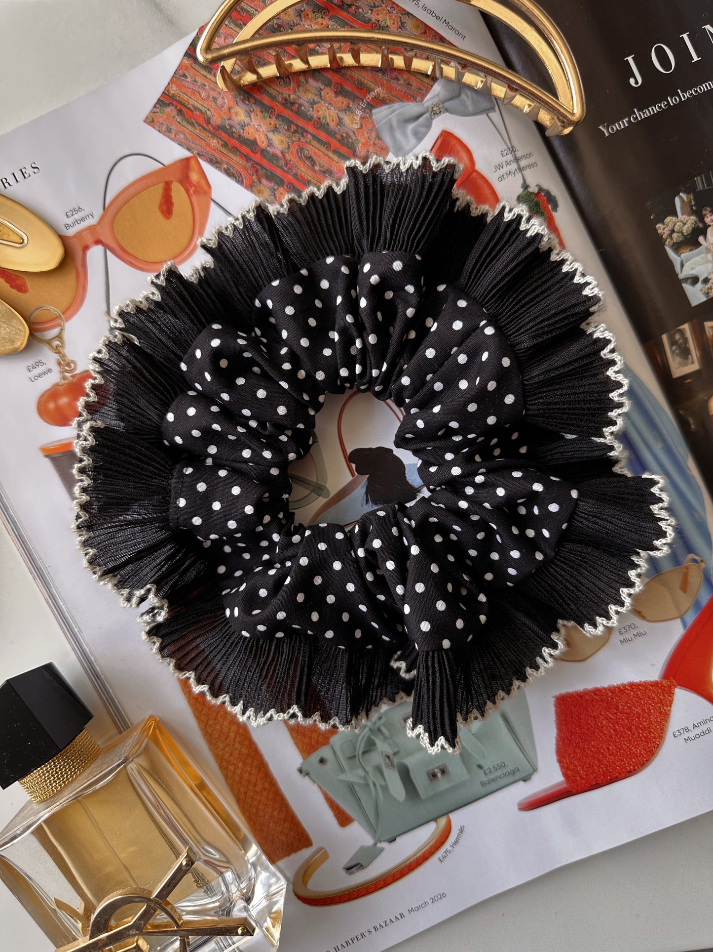 Oversized Black Polkadot Scrunchie with Black Frill Trim