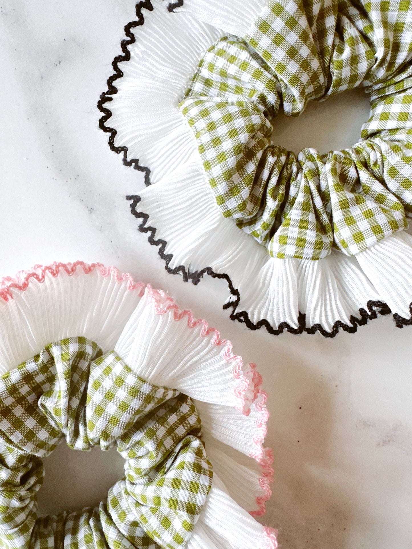 Mini Oversized Olive Green Gingham Scrunchie with White Frill Trim