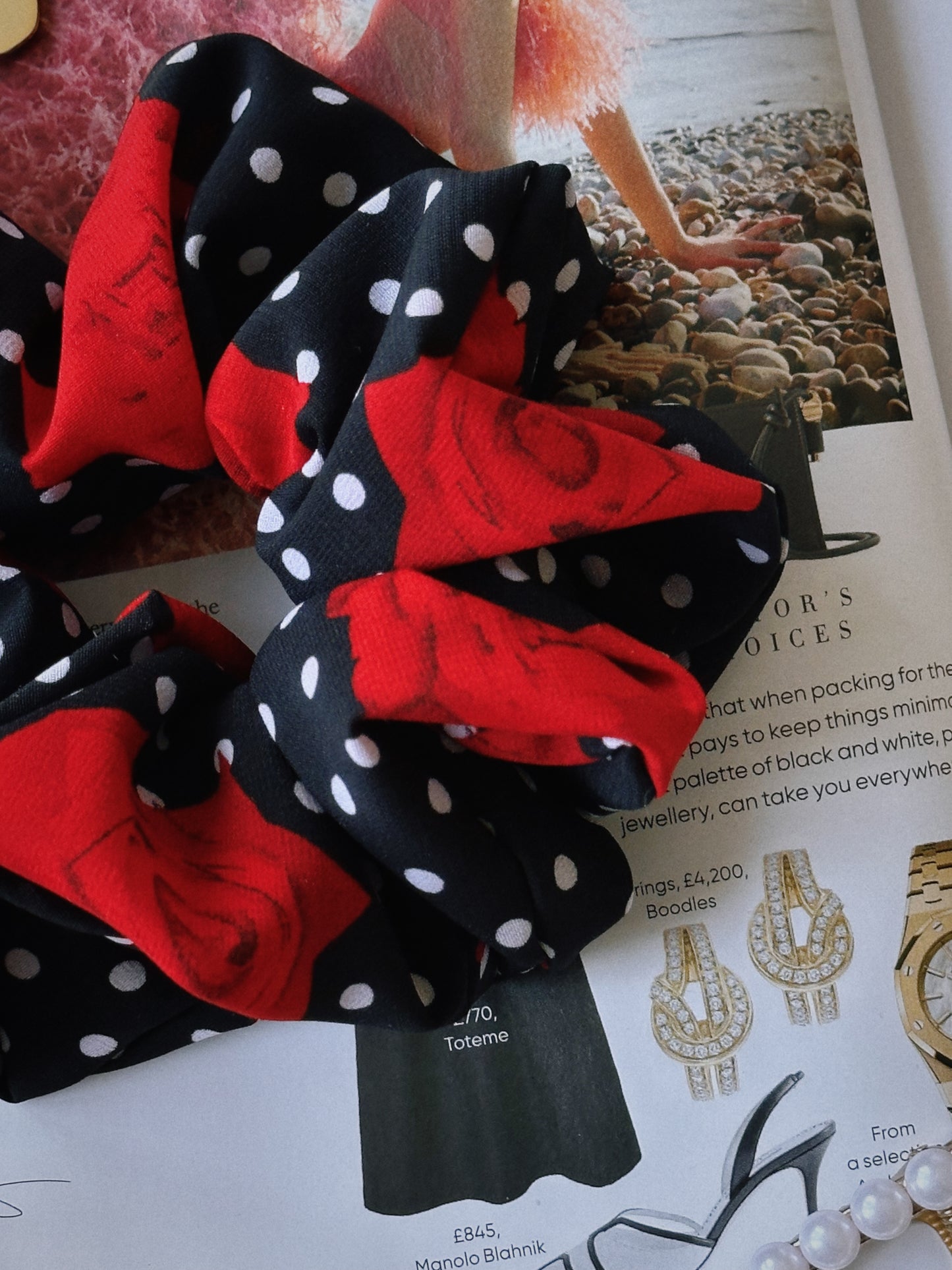 Polkadot and Rose Chiffon Scrunchie