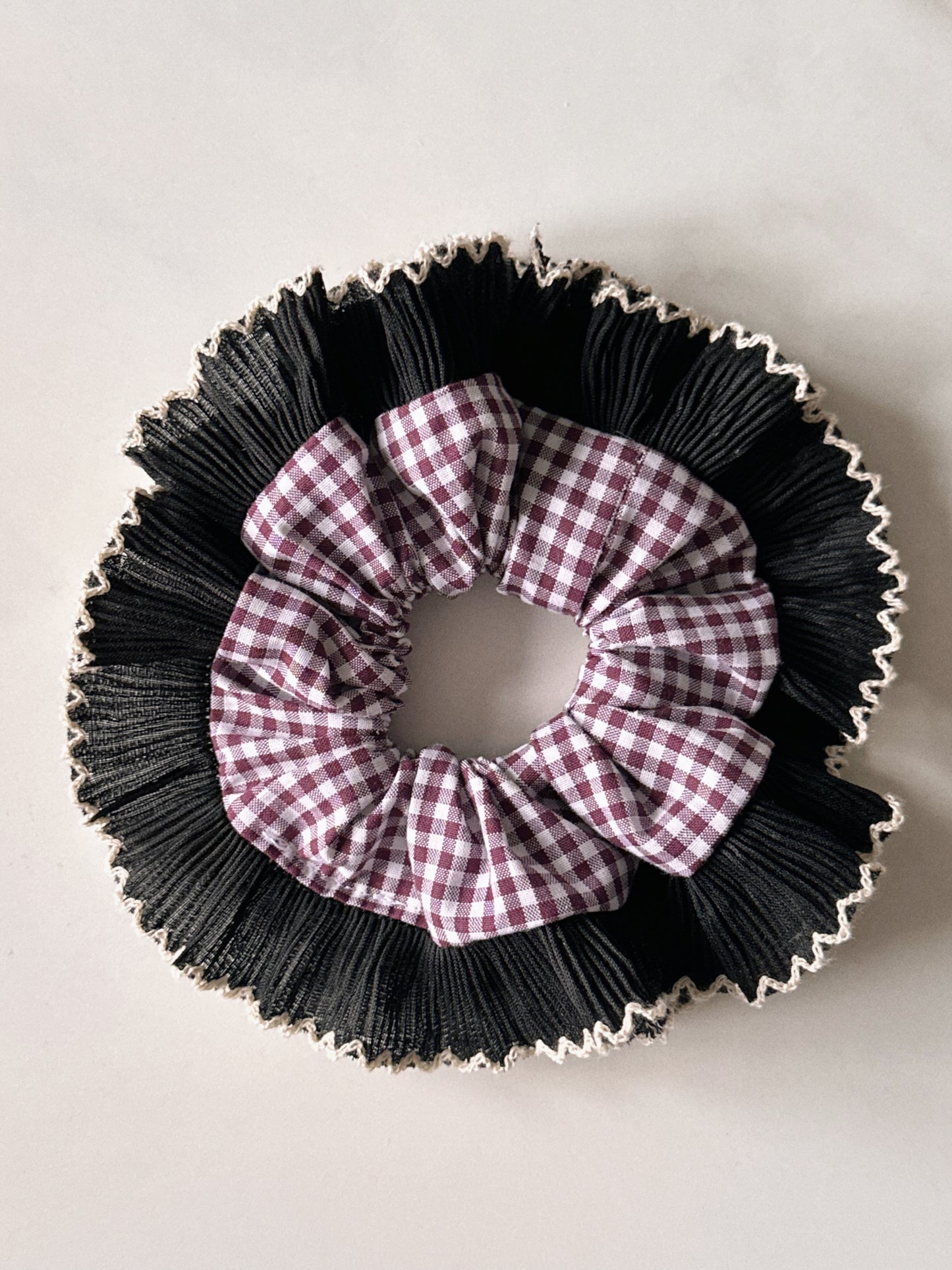 Smaller Mulberry Gingham Scrunchie with Black Frill Trim