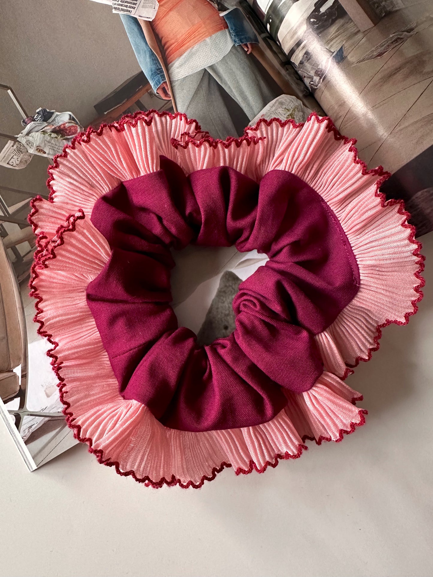 XL Purple Scrunchie with Pink Frill Trim