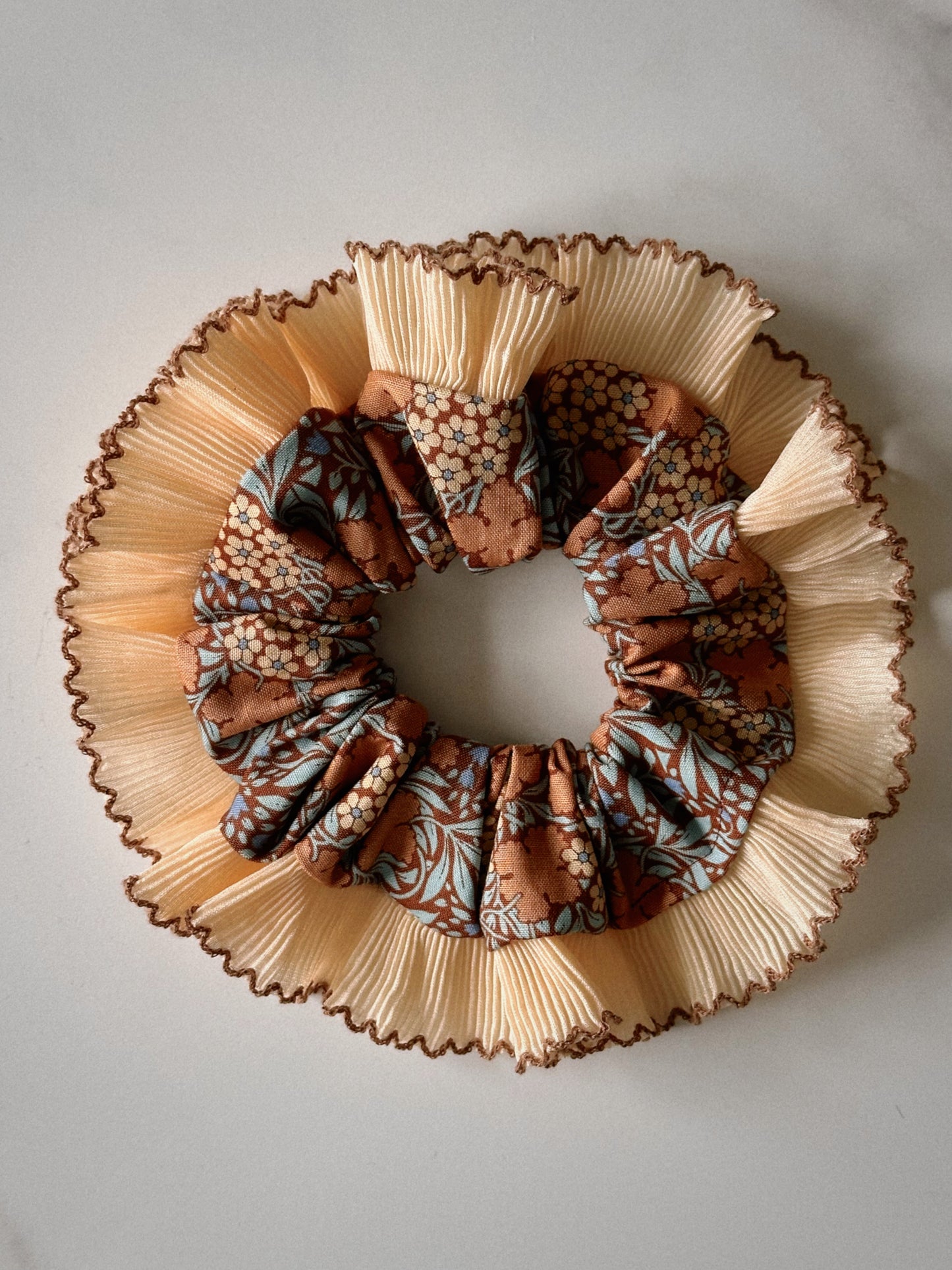 XL Brown Floral Scrunchie with Cream and Brown Frill Trim