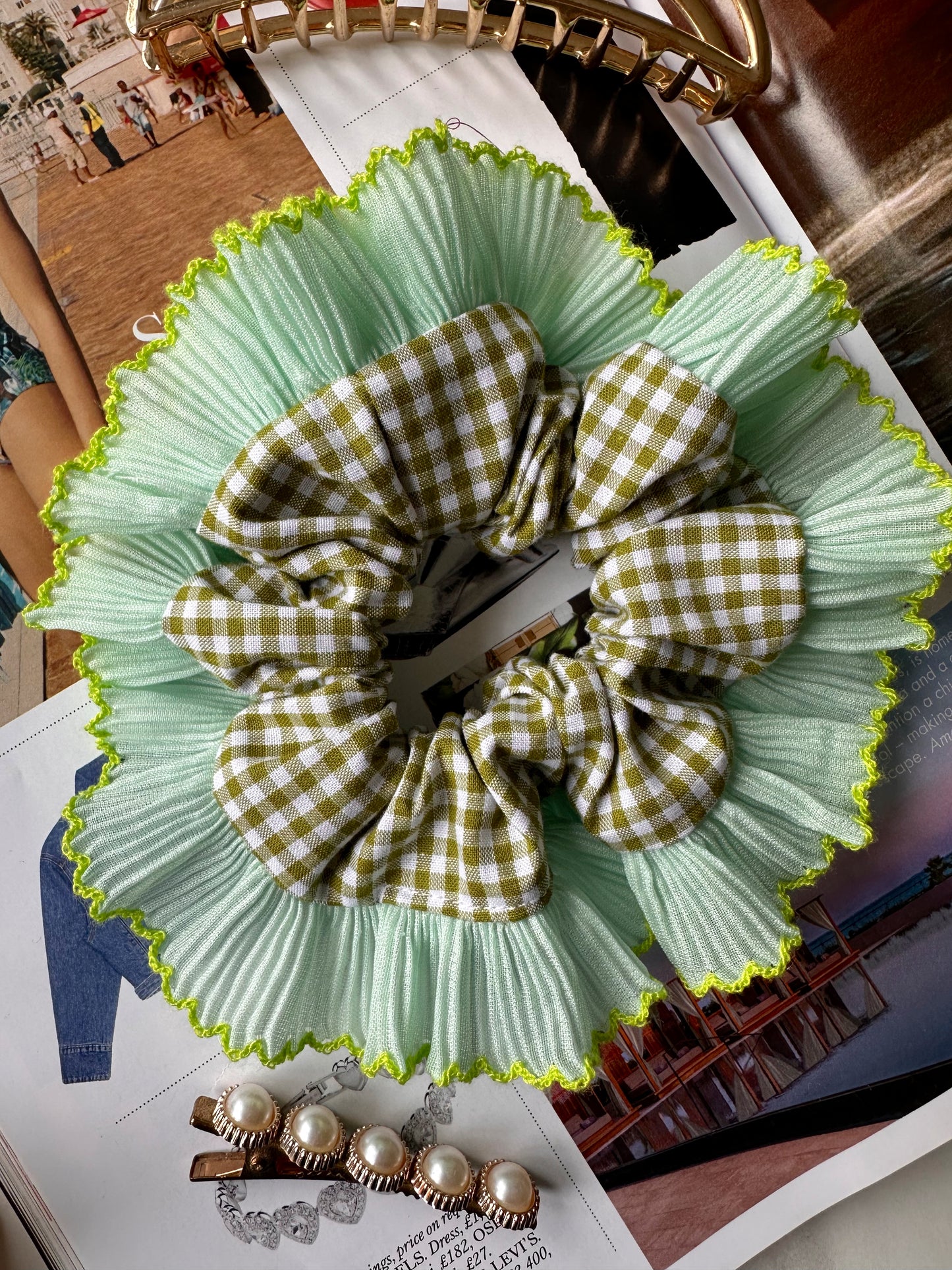 Mini Oversized Olive Green Gingham Scrunchie with Green Frill Trim