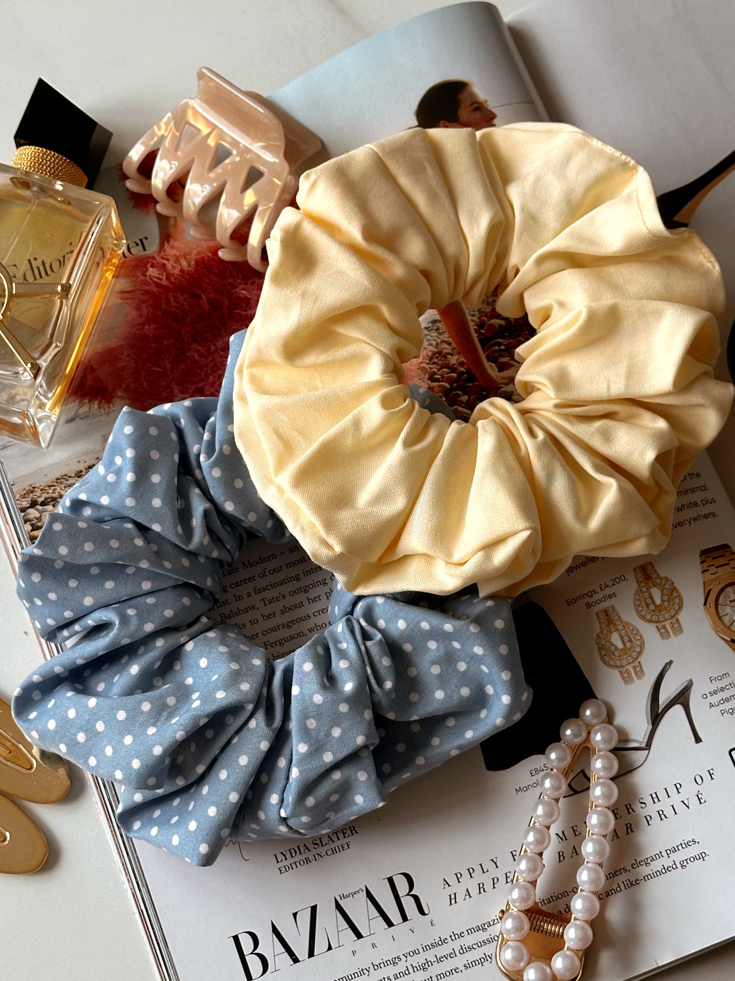 Baby Blue Polkadot & Butter Yellow Scrunchie Duo
