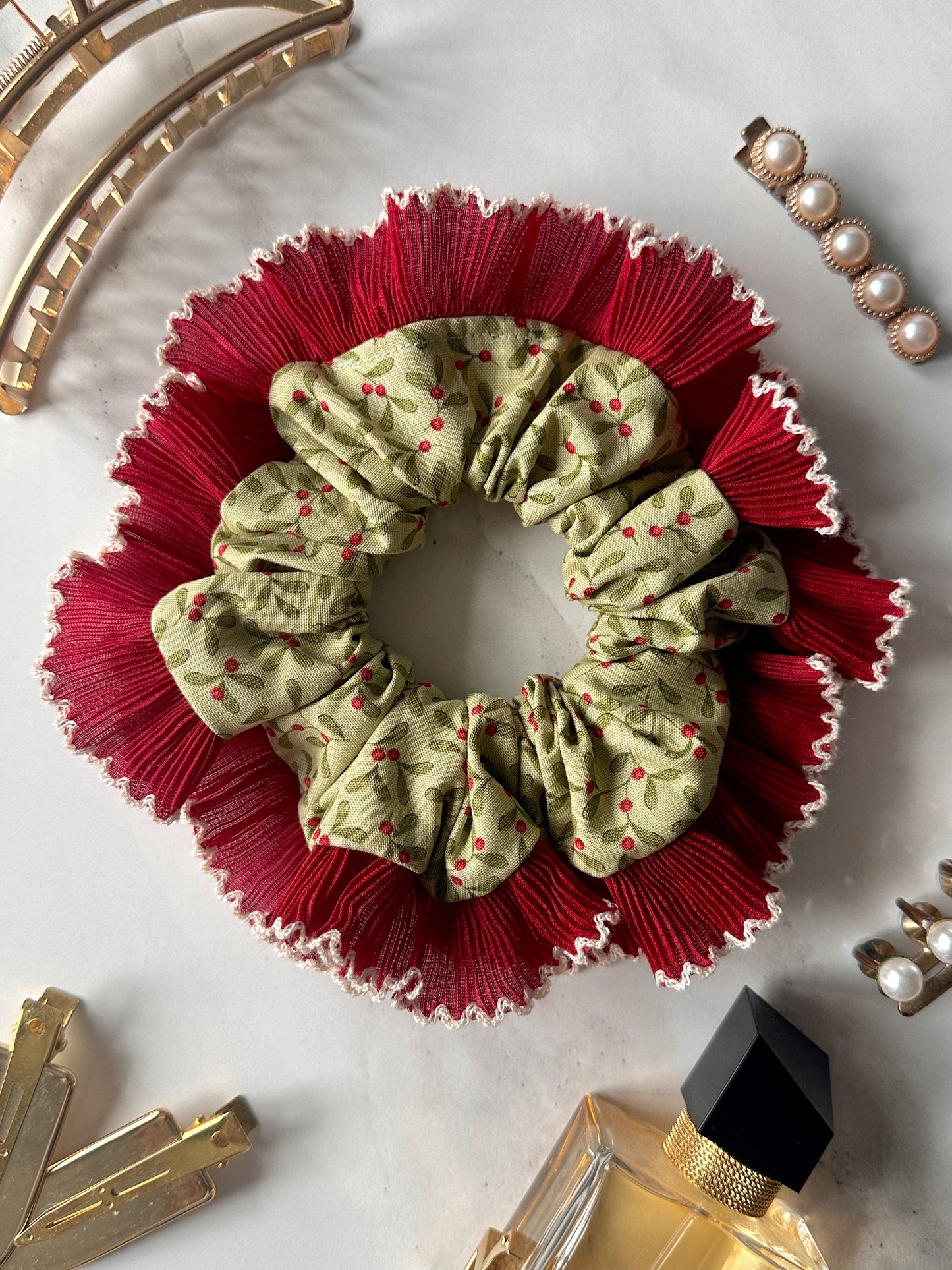 Mistletoe Merry Little Christmas Scrunchie with Red and White Frill Trim