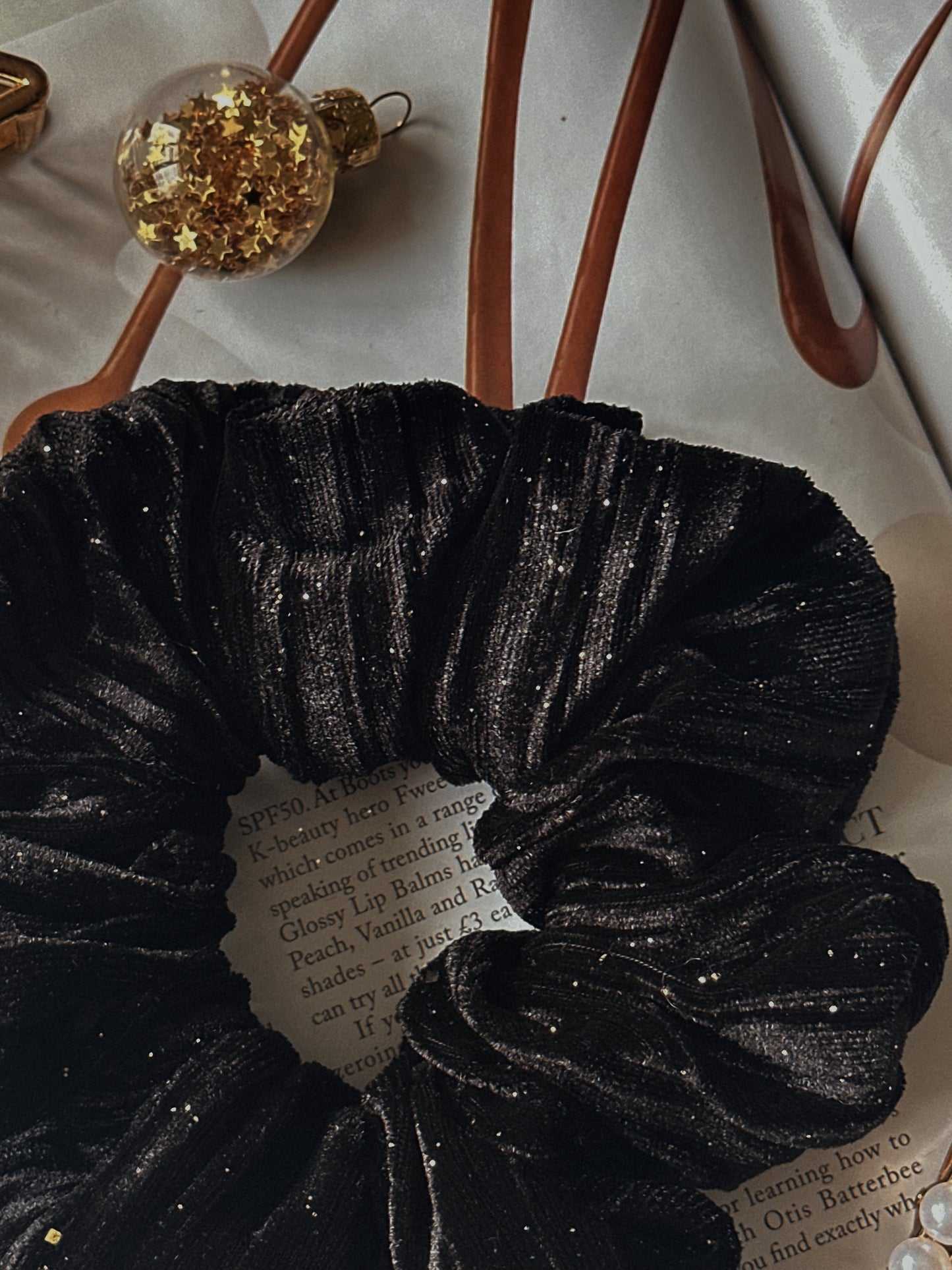 Black Ribbed Velvet & Gold Glitter Scrunchie