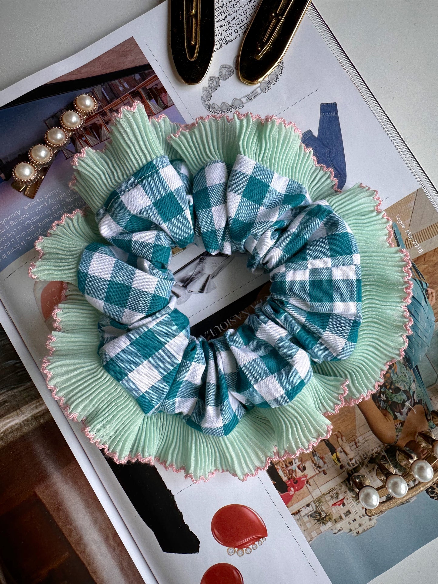 Teal Blue Gingham with Green and Pink Frill Trim