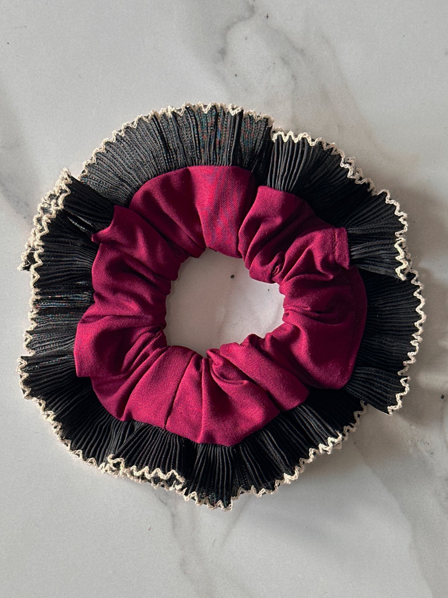 Handmade XL Dark Purple Scrunchie with Black Frill Trim