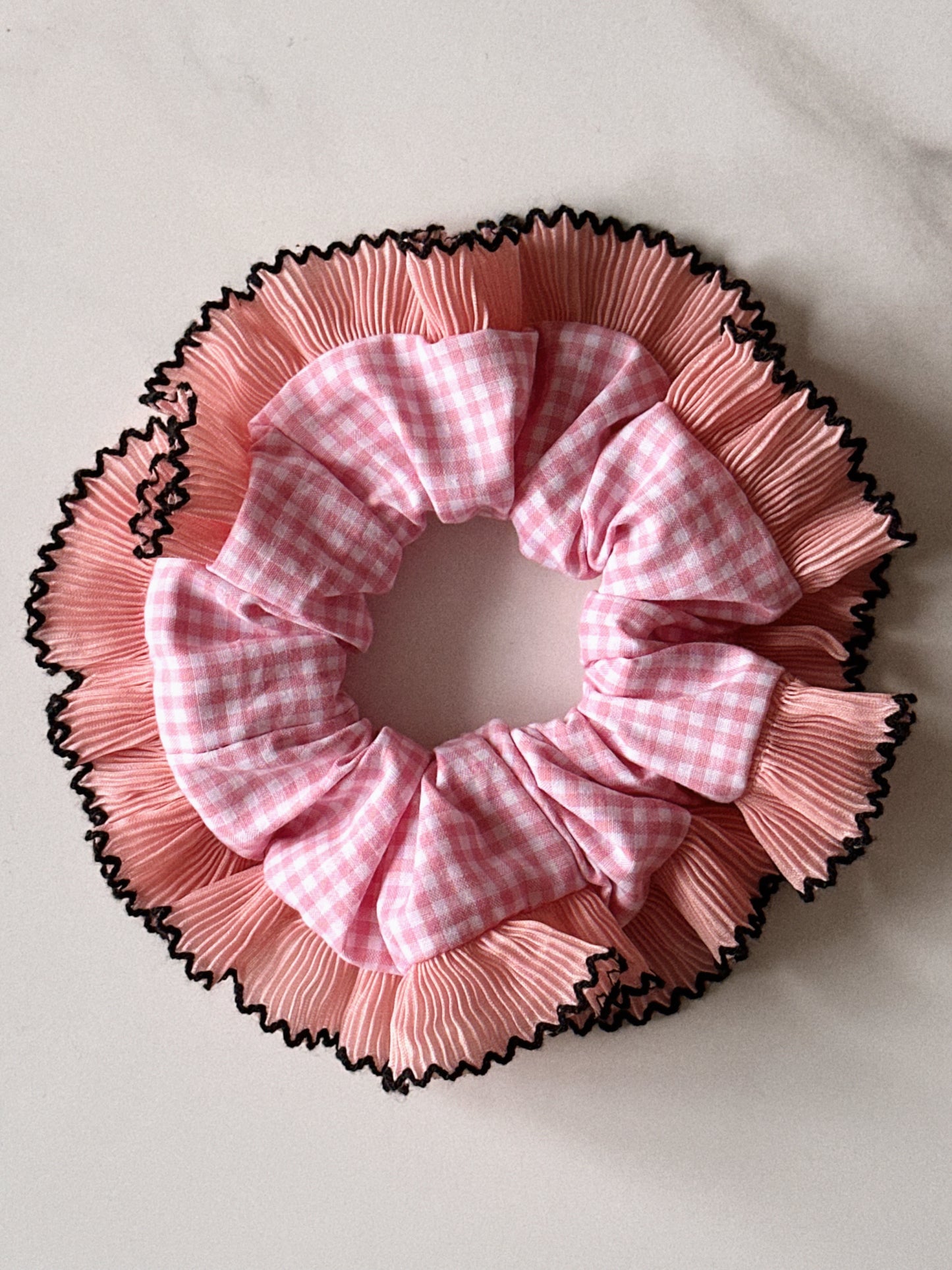 XL Pink Gingham Scrunchie with Pink Frill Trim