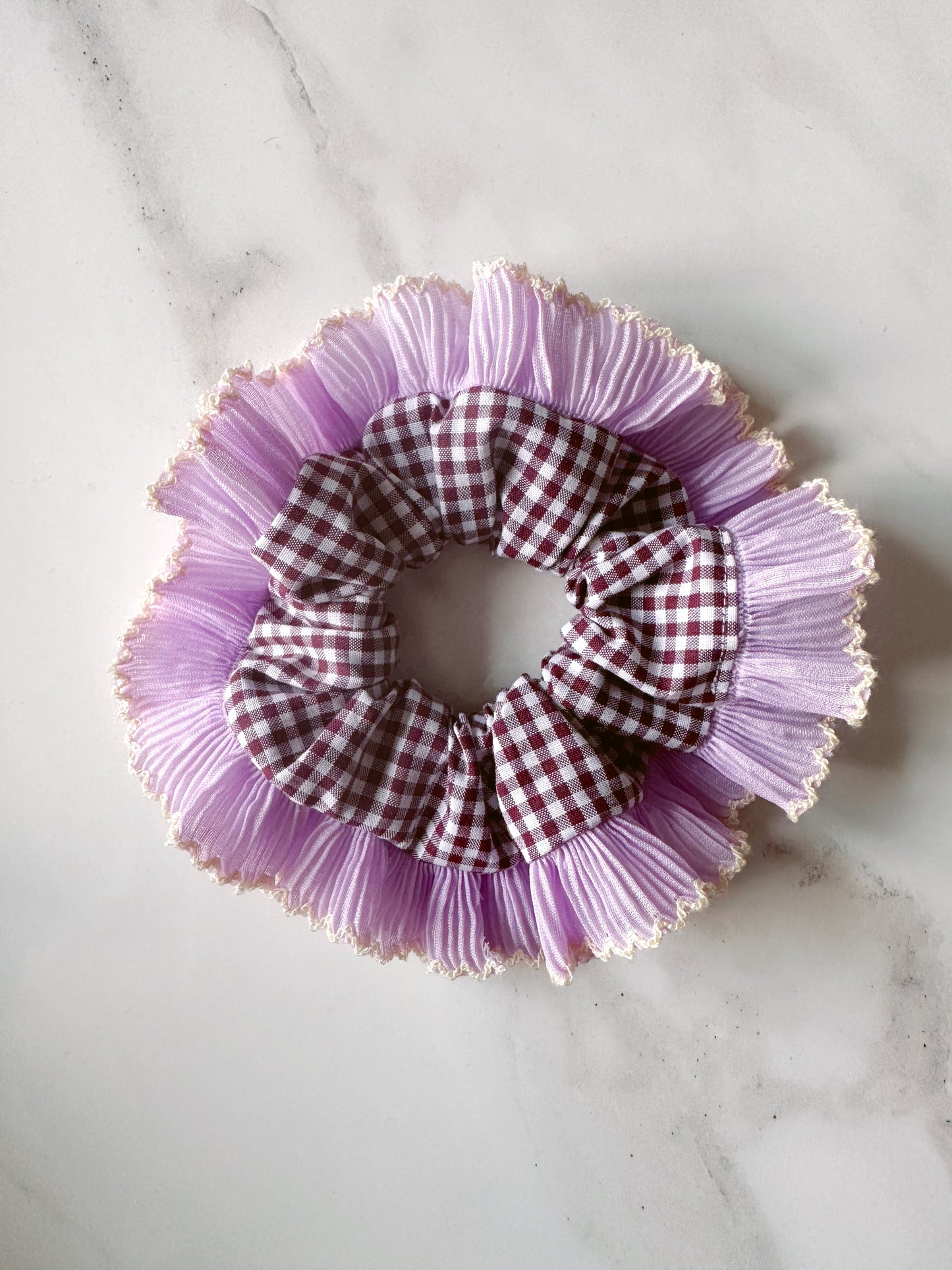 Mini Mulberry Gingham Scrunchie with Purple Frill Trim