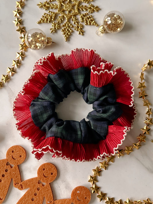 Blue and Green Tartan Scrunchie with Red and White Frill Trim