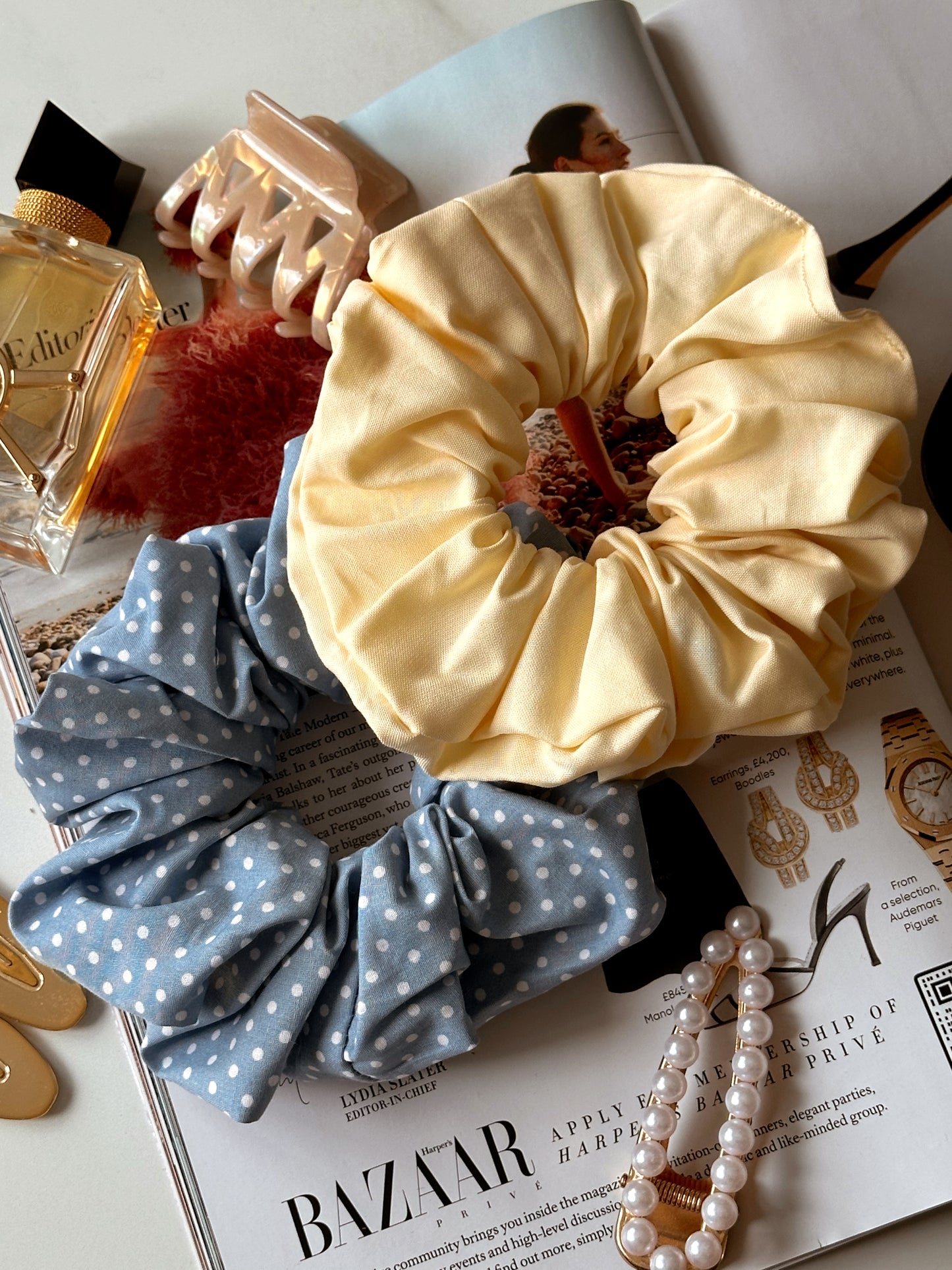 Baby Blue Polkadot & Butter Yellow Scrunchie Duo