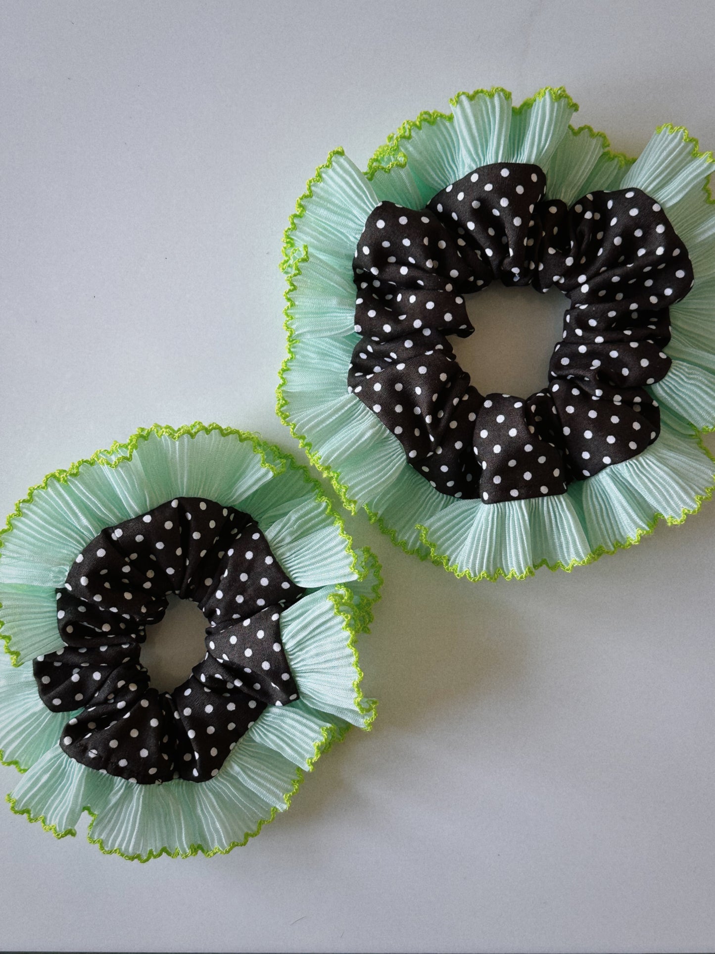 Oversized Dark Brown Polkadot Scrunchie with Green Frill Trim