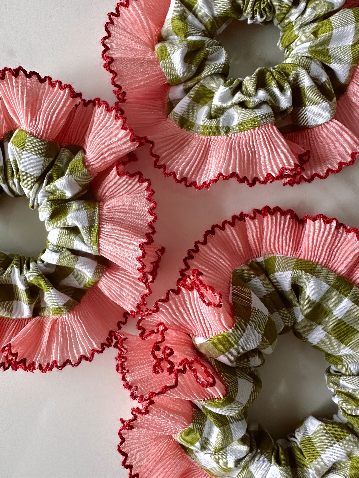 Mini Oversized Olive Green Gingham Scrunchie with Pink Frill Trim