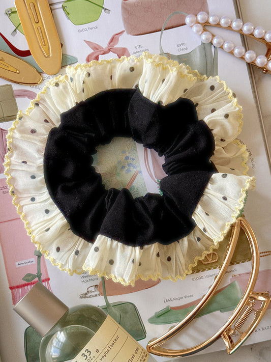 Oversized Black Scrunchie with Yellow Polkadot Trim