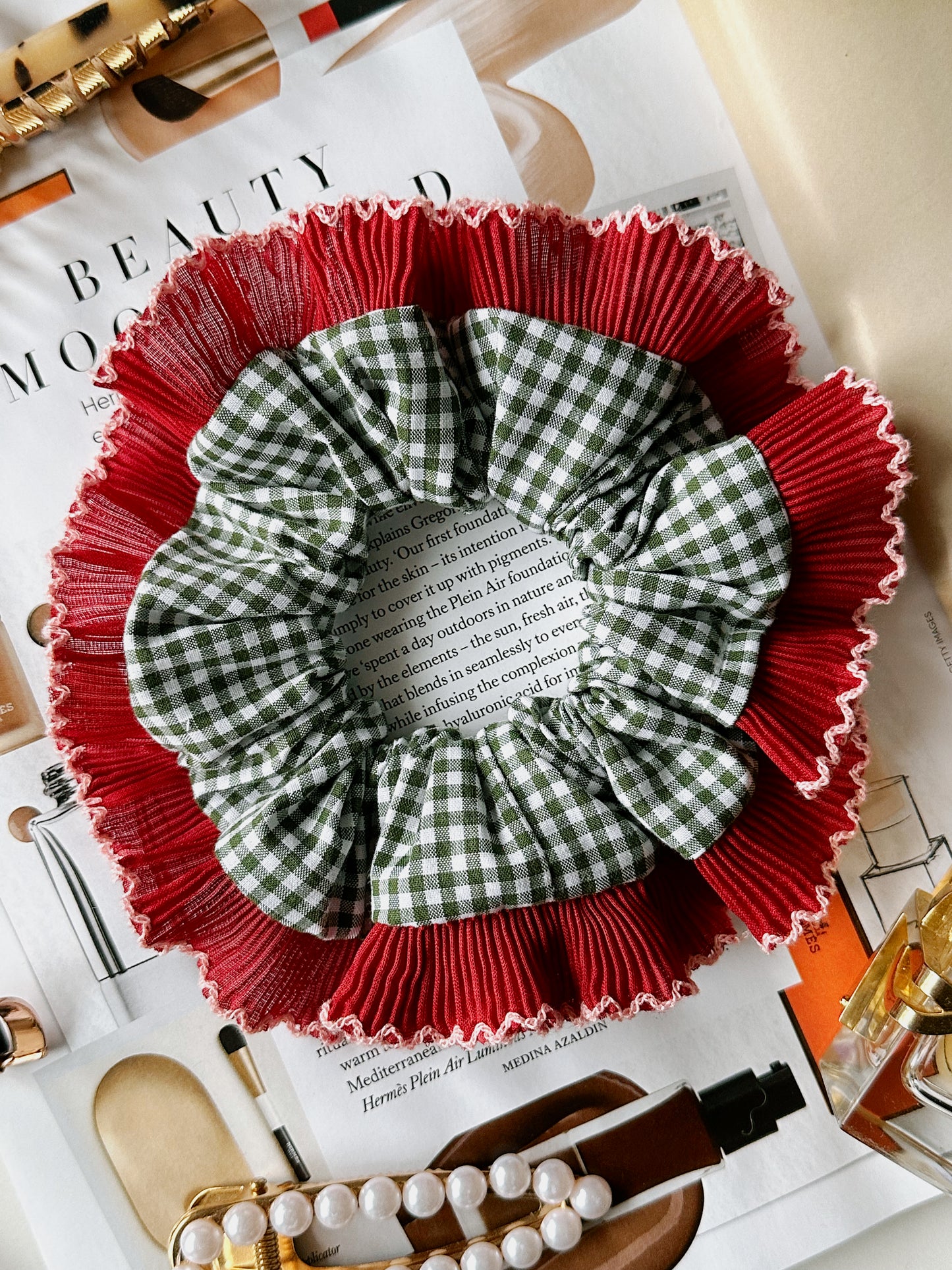 Handmade XL Dark Green Gingham Scrunchie with Red Frill Trim