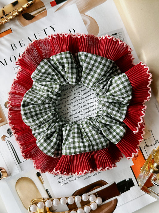 Handmade XL Dark Green Gingham Scrunchie with Red Frill Trim