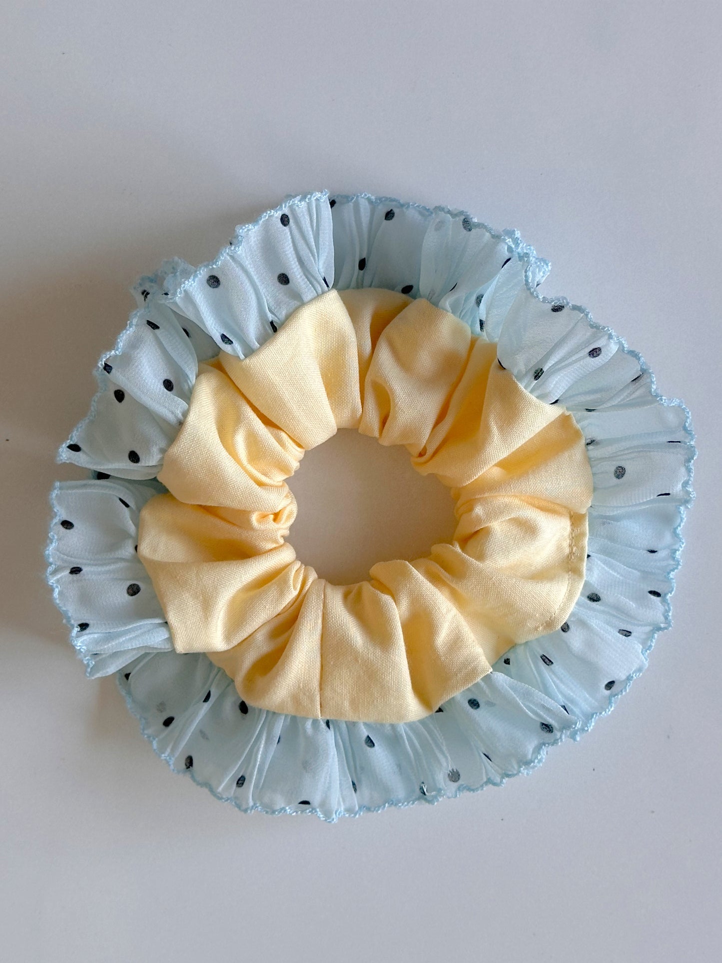 Oversized Butter Yellow  Scrunchie with Blue Polkadot Trim