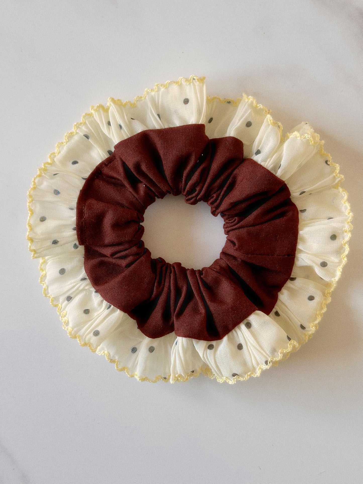 Oversized Brown Scrunchie with Yellow Polkadot Trim