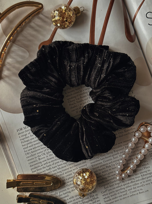 Black Ribbed Velvet & Gold Glitter Scrunchie