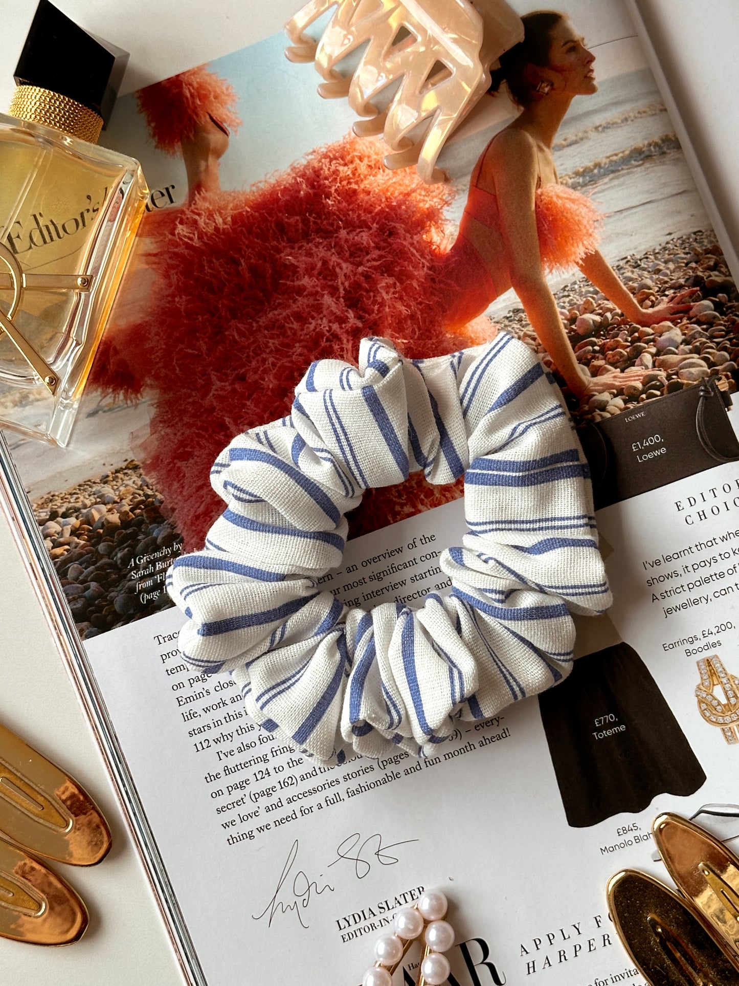 Blue & White Striped Linen Scrunchie