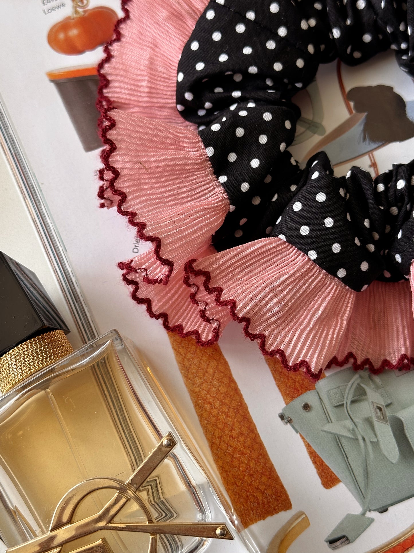 Oversized Black Polkadot Scrunchie with Pink Frill Trim