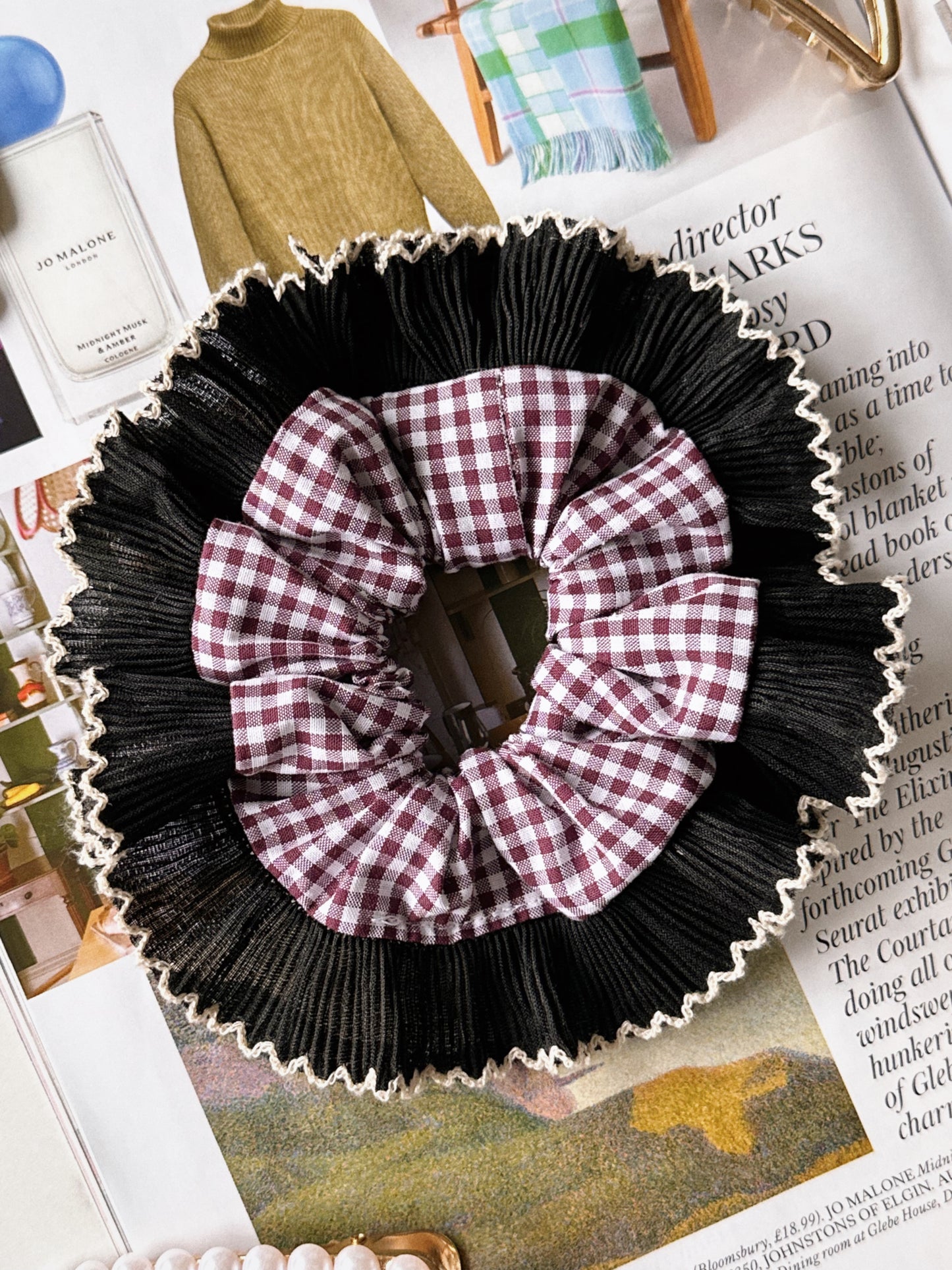Smaller Mulberry Gingham Scrunchie with Black Frill Trim