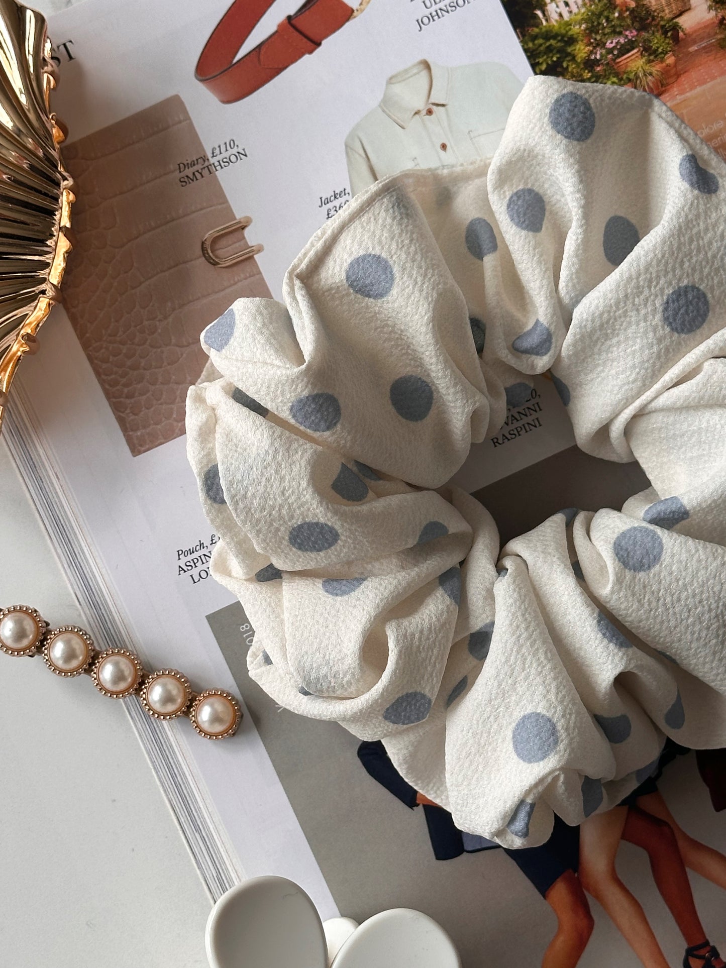 XL White and Light Blue Polkadot Scrunchie