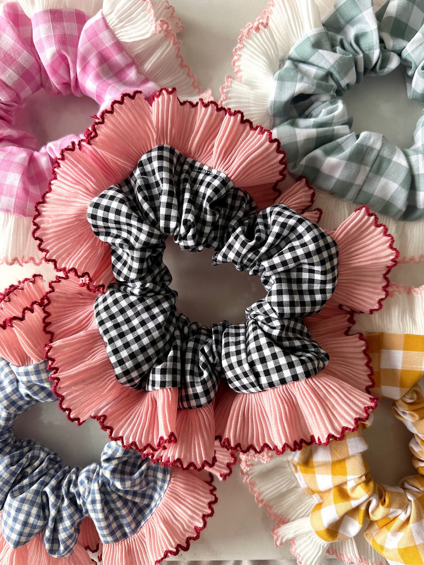 Handmade XL Black Gingham Scrunchie with Pink and Red Frill Trim