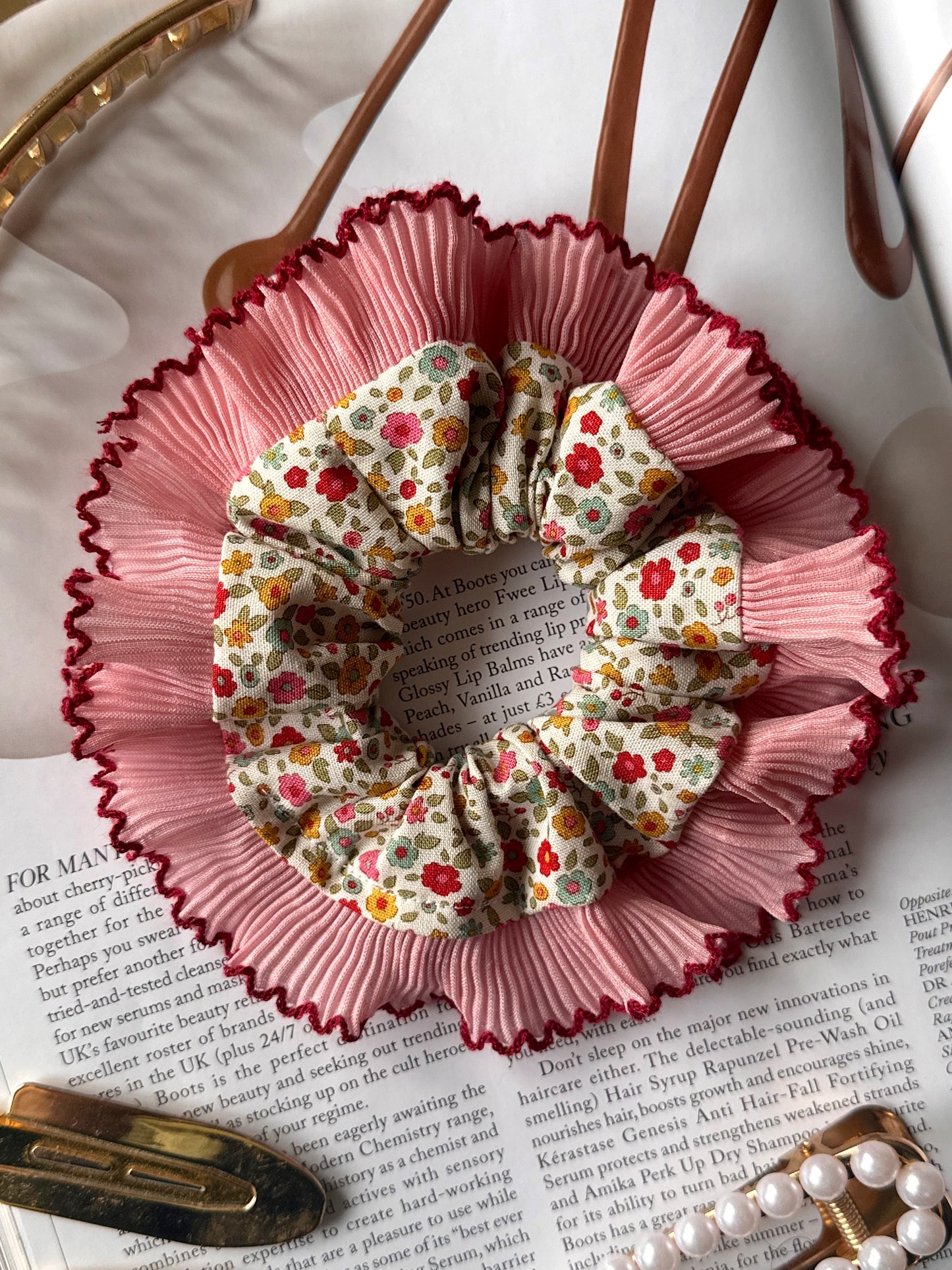 Mini Cream Floral Scrunchie with Pink Frill Trim
