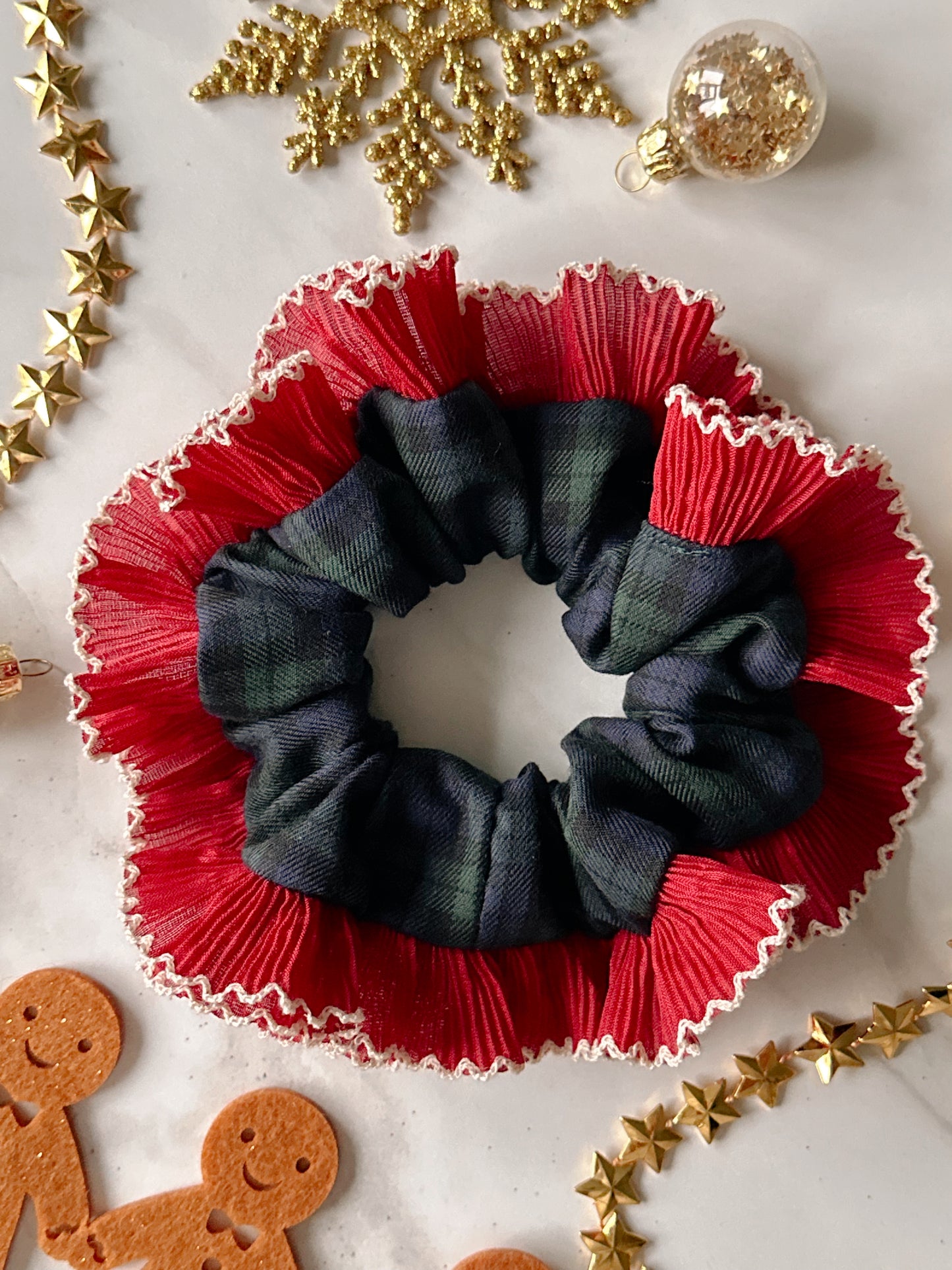 Blue and Green Tartan Scrunchie with Red and White Frill Trim
