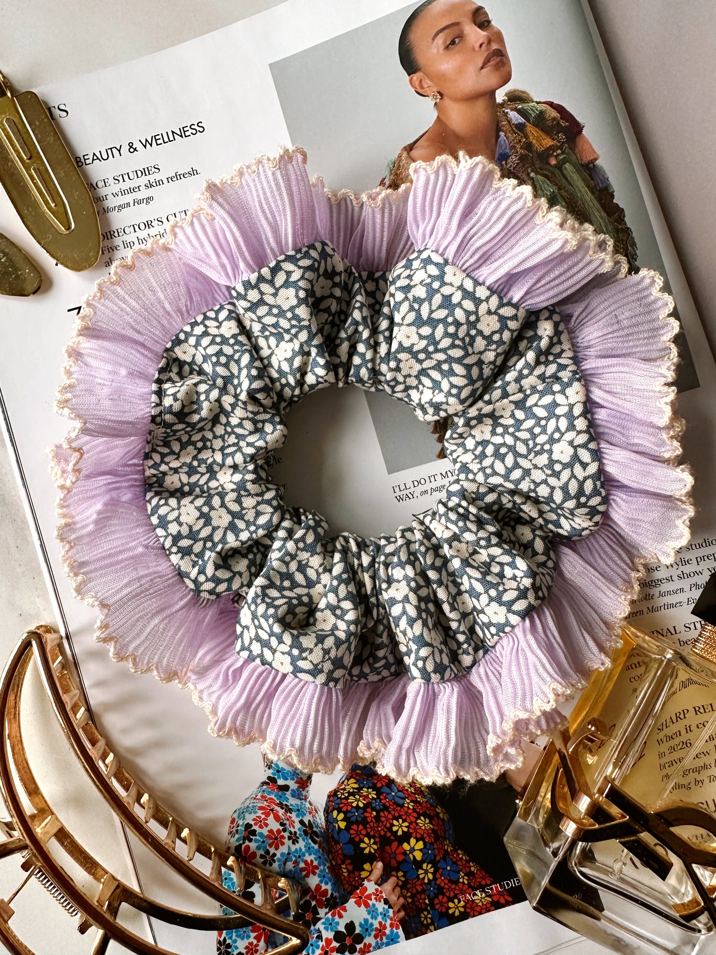 XL Blue Floral Scrunchie with Purple and White Frill Trim