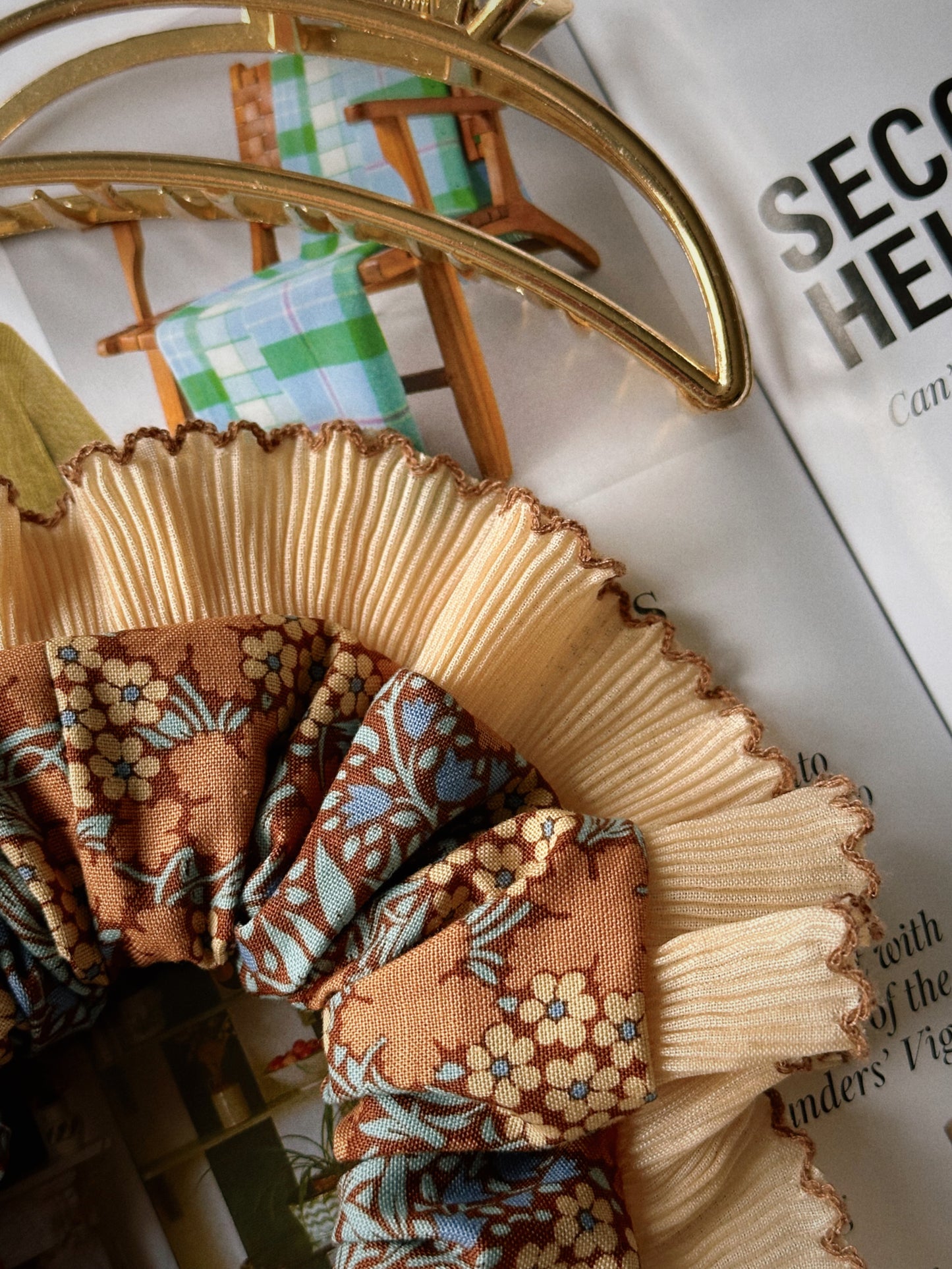 XL Brown Floral Scrunchie with Cream and Brown Frill Trim