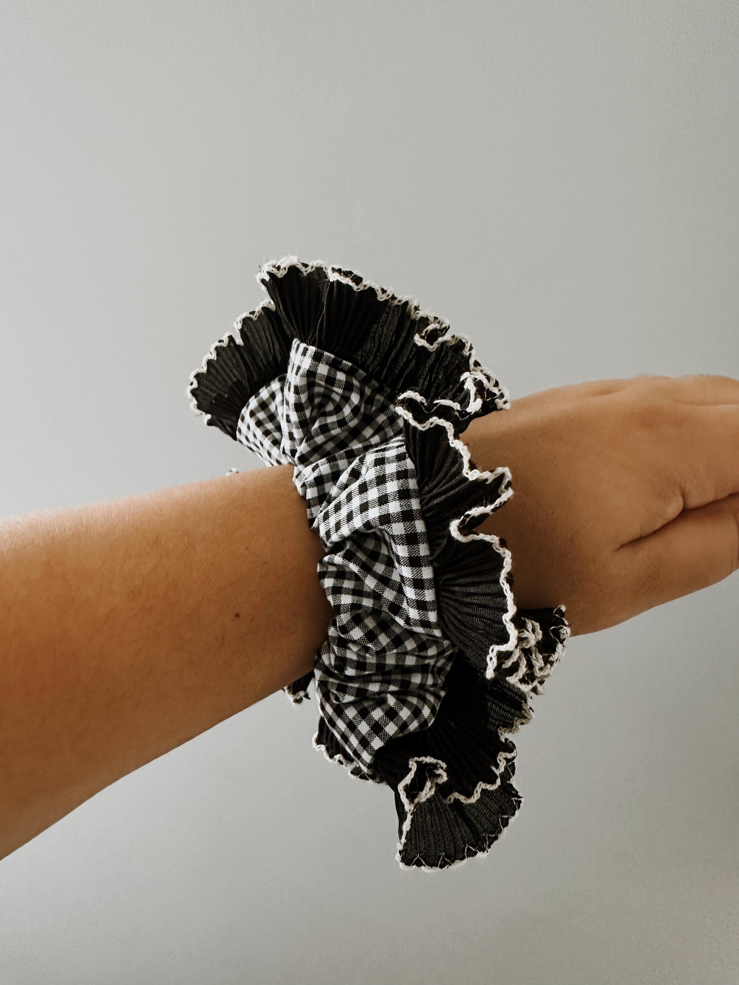 Black Gingham Scrunchie with Black and White Frill Trim