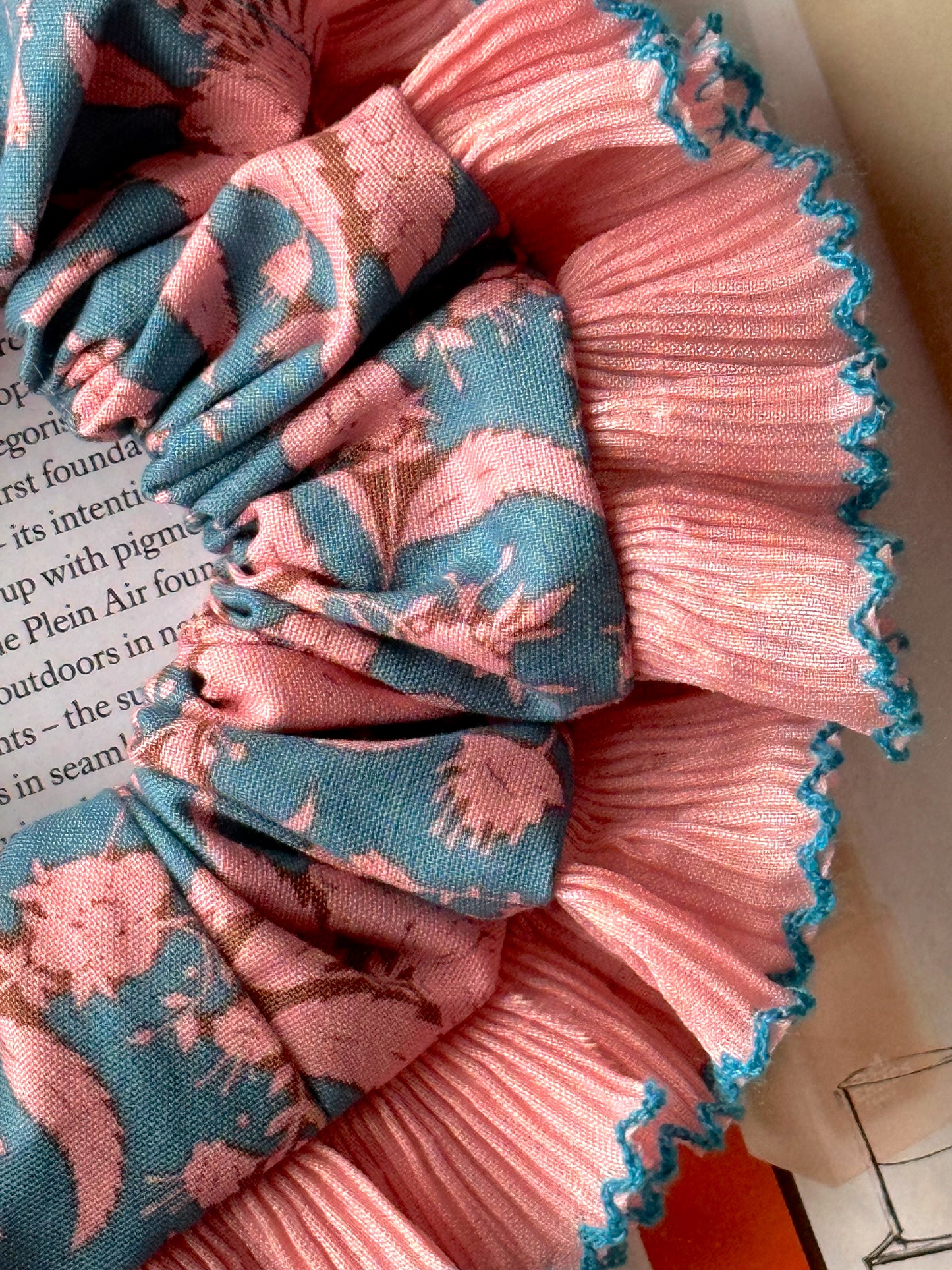 Oversized Turquoise and Pink Scrunchie with a Pink Frill Trim