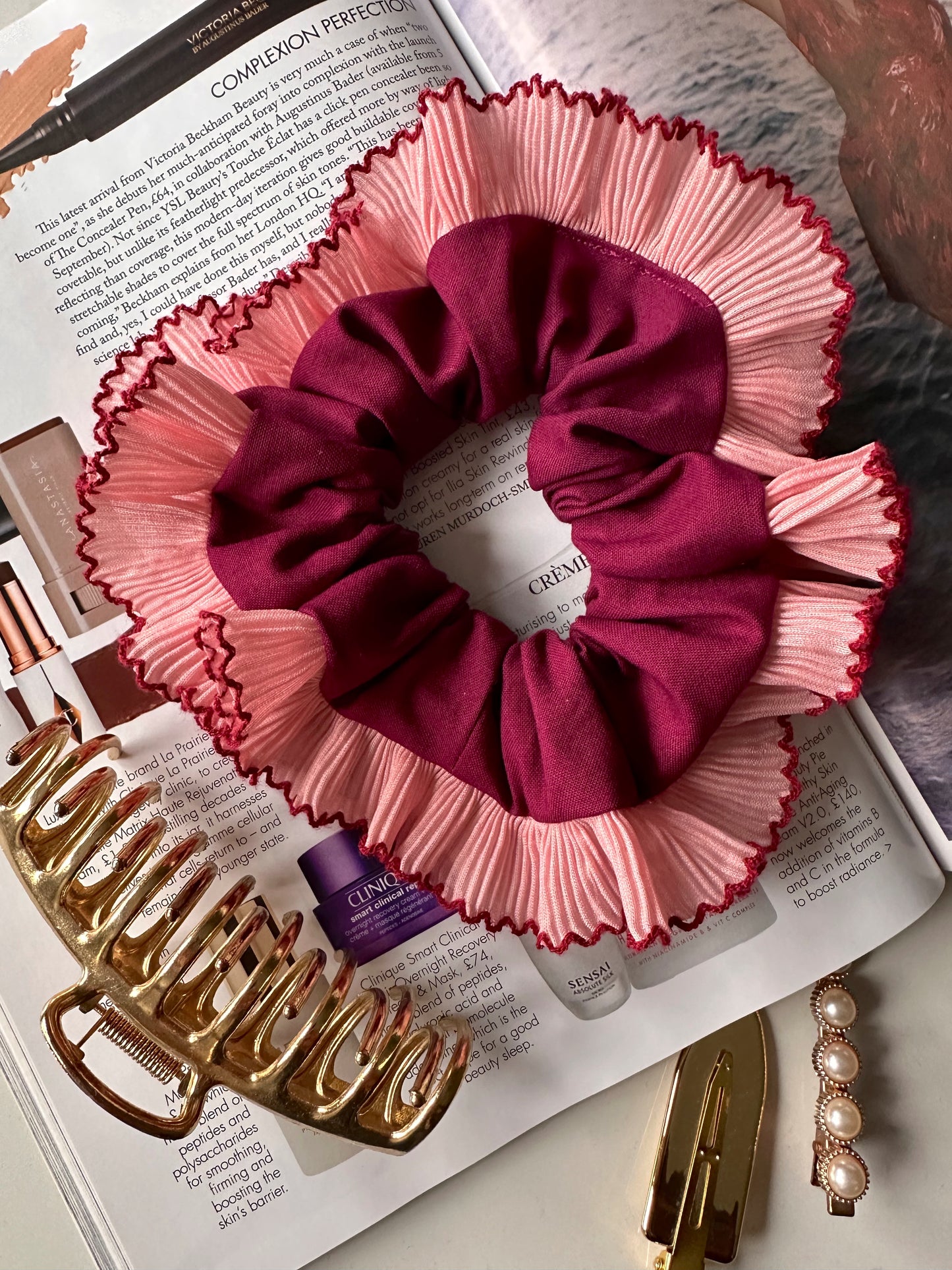 XL Purple Scrunchie with Pink Frill Trim