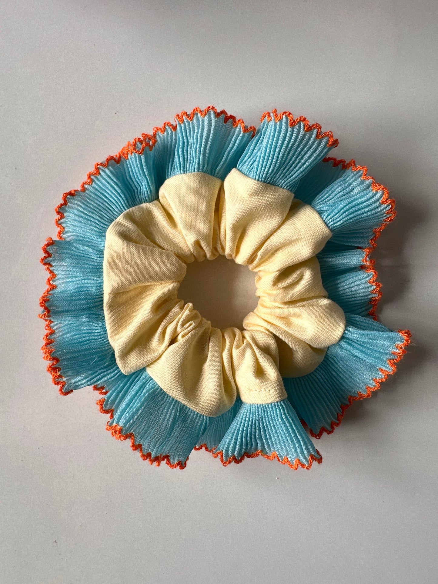Mini Oversized Butter Yellow Scrunchie with Blue Frill Trim