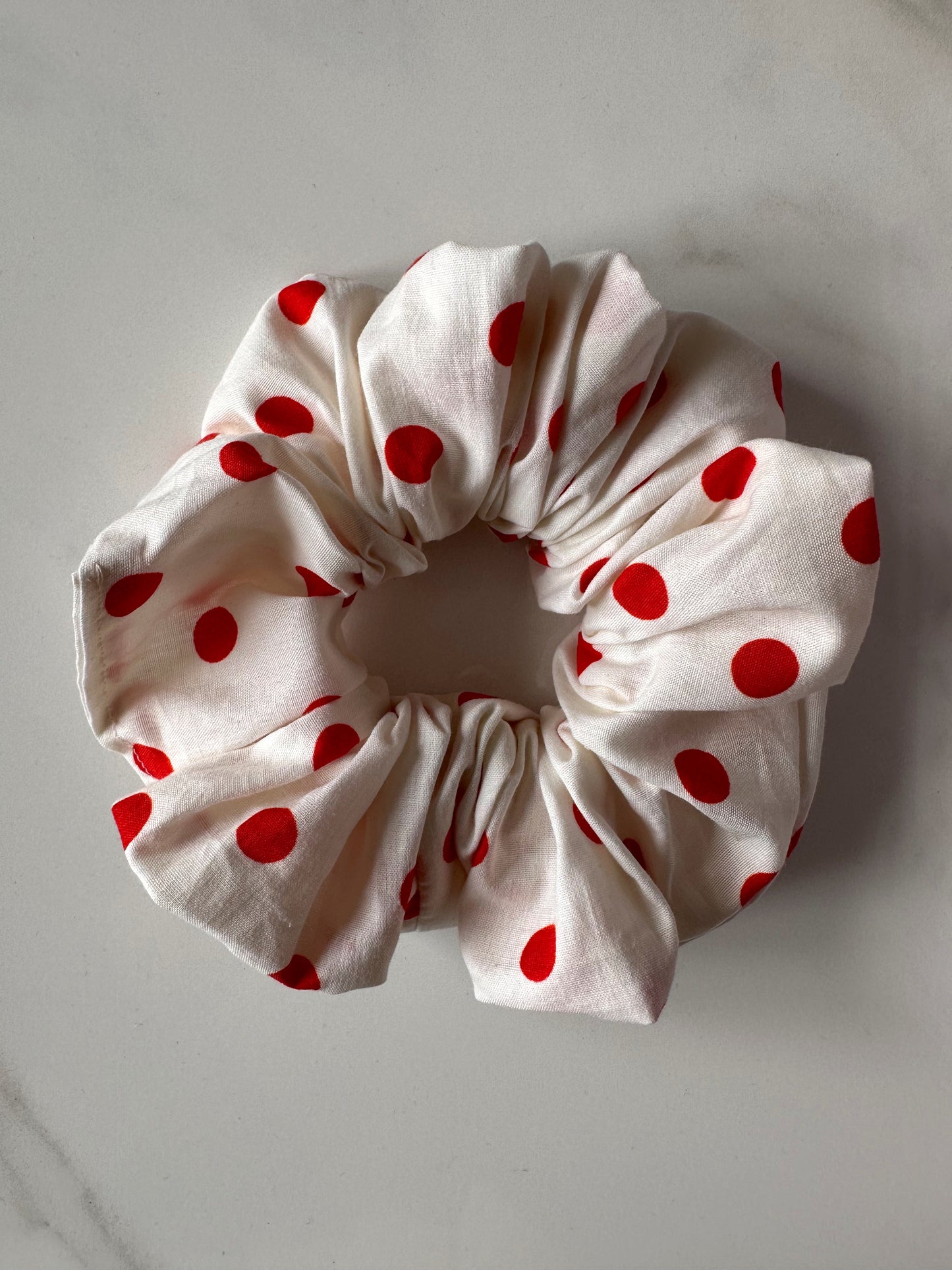 White and Red Polkadot Scrunchie