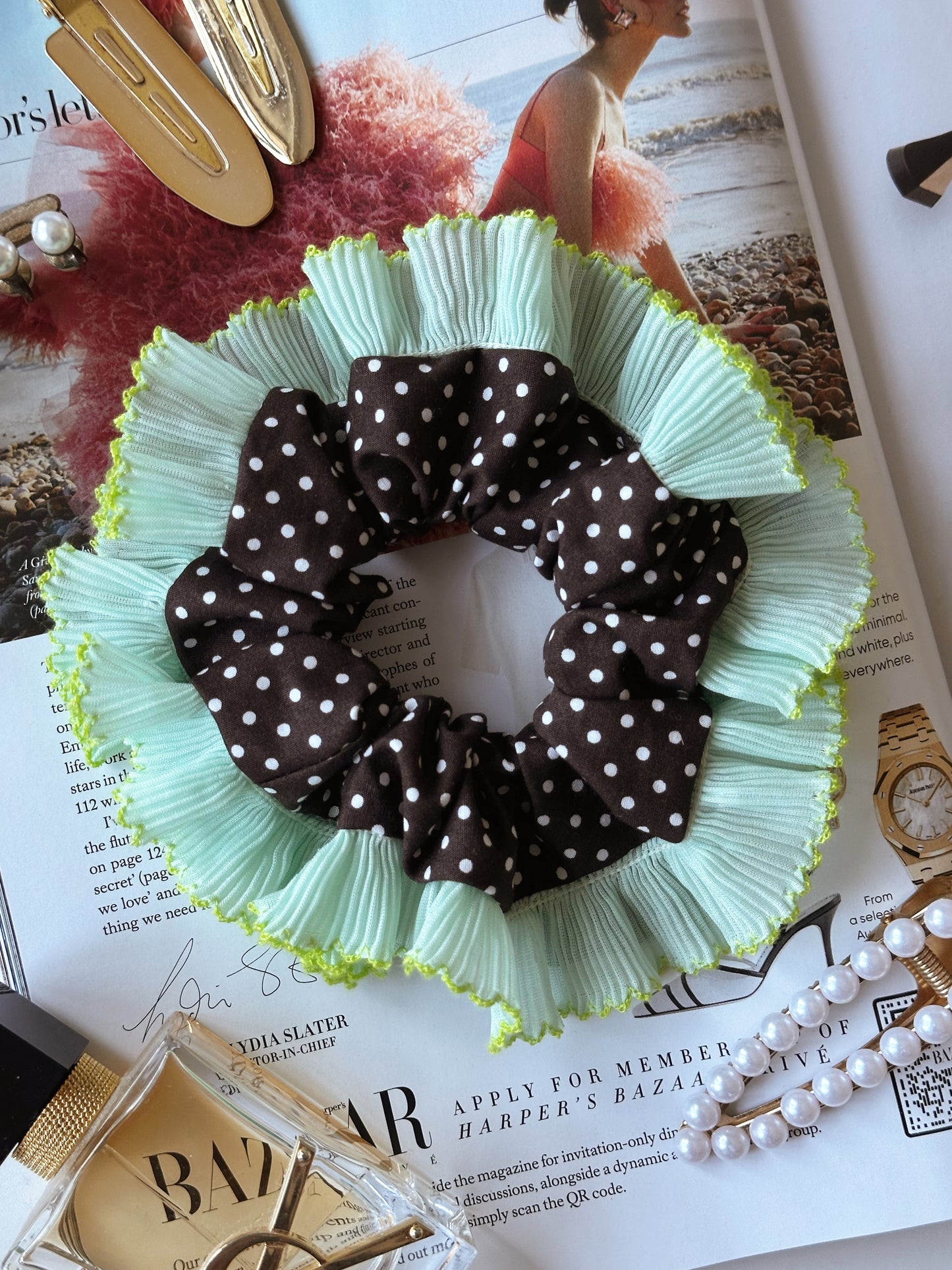 Oversized Dark Brown Polkadot Scrunchie with Green Frill Trim