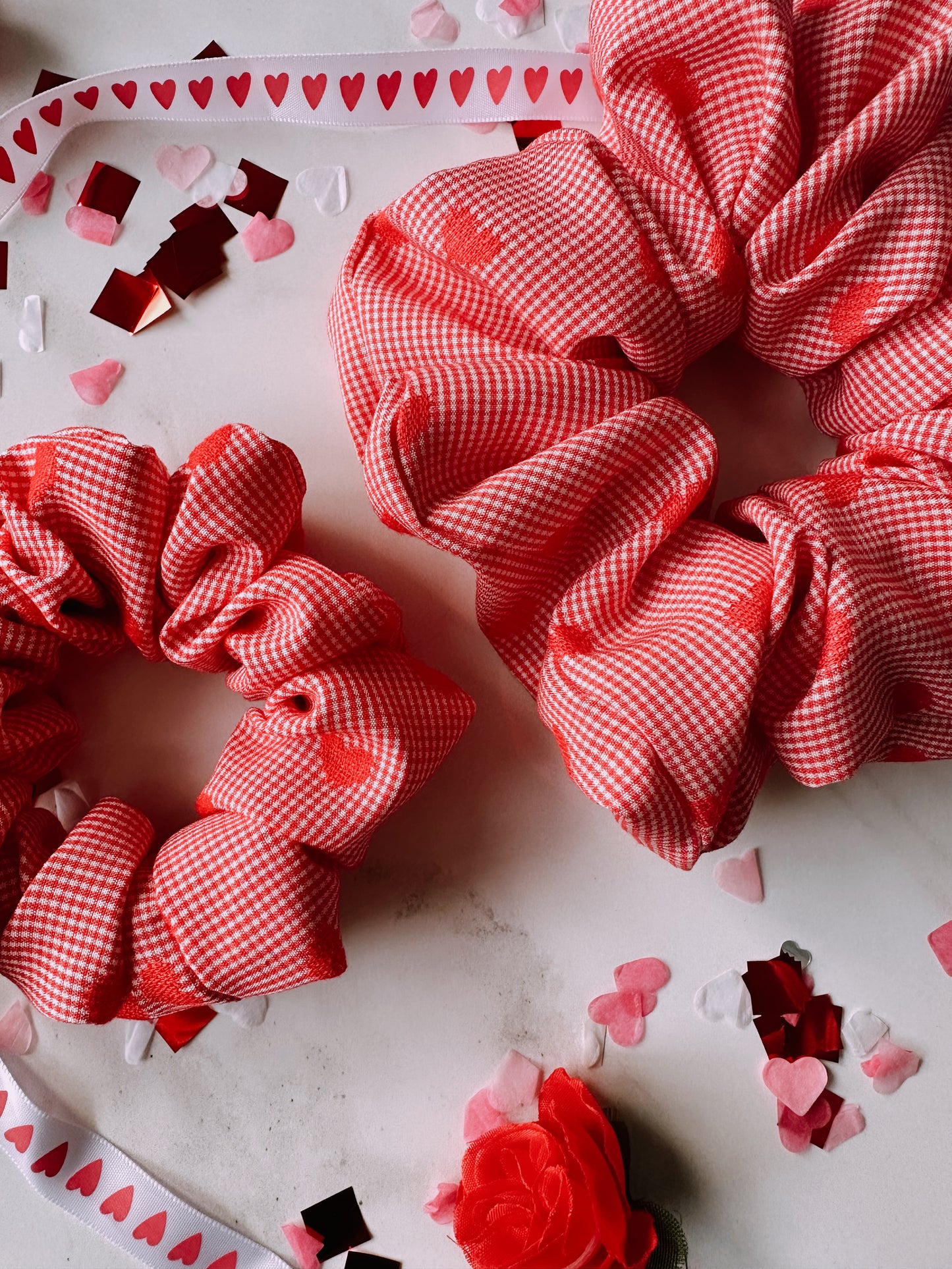 Valentines Gingham and Heart Print Scrunchie