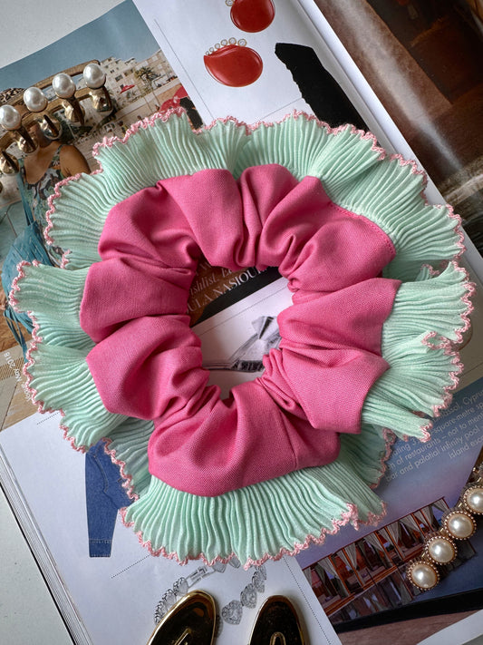 Pink Scrunchie with Green and Pink Frill Trim