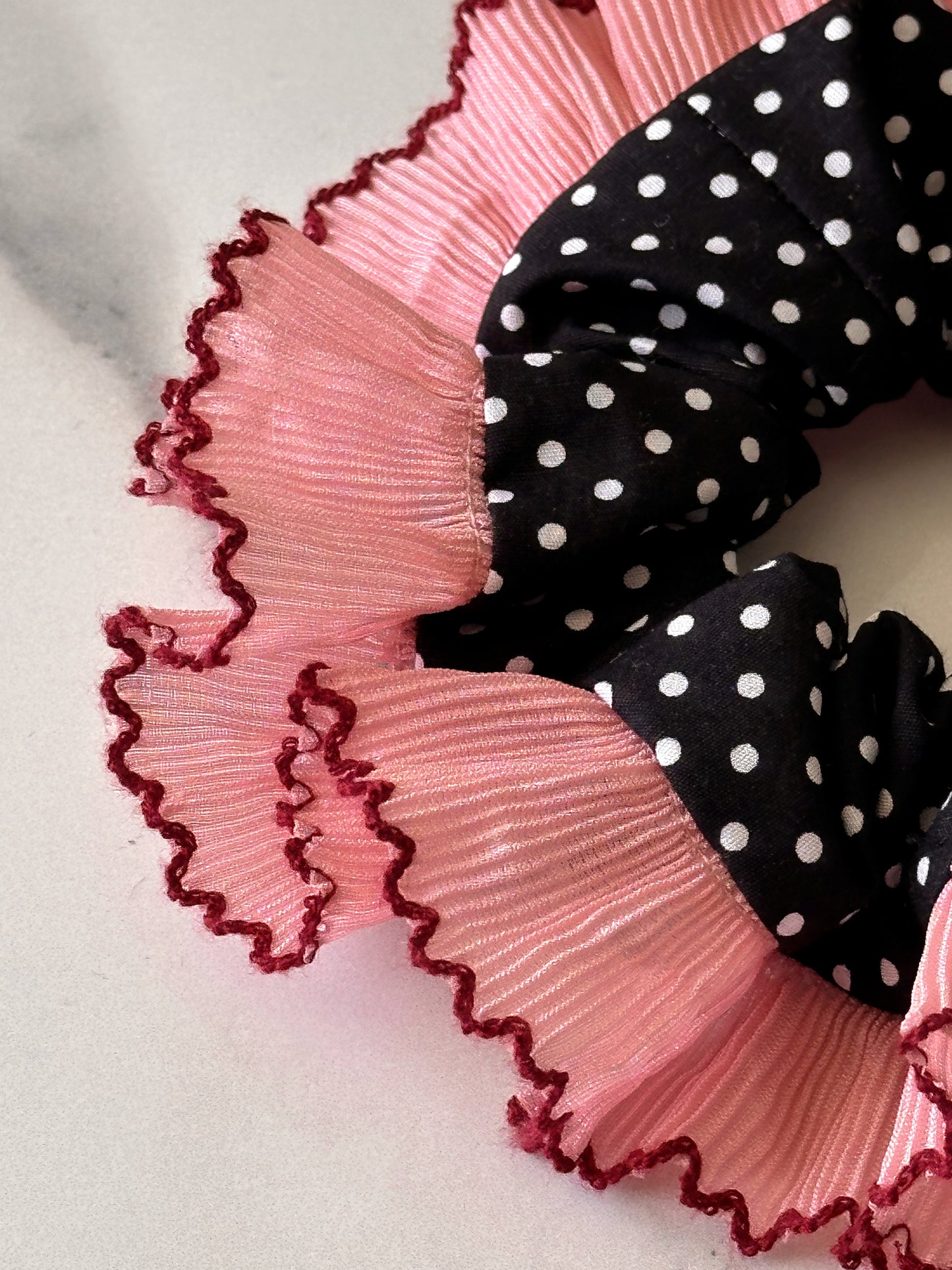 Oversized Black Polkadot Scrunchie with Pink Frill Trim