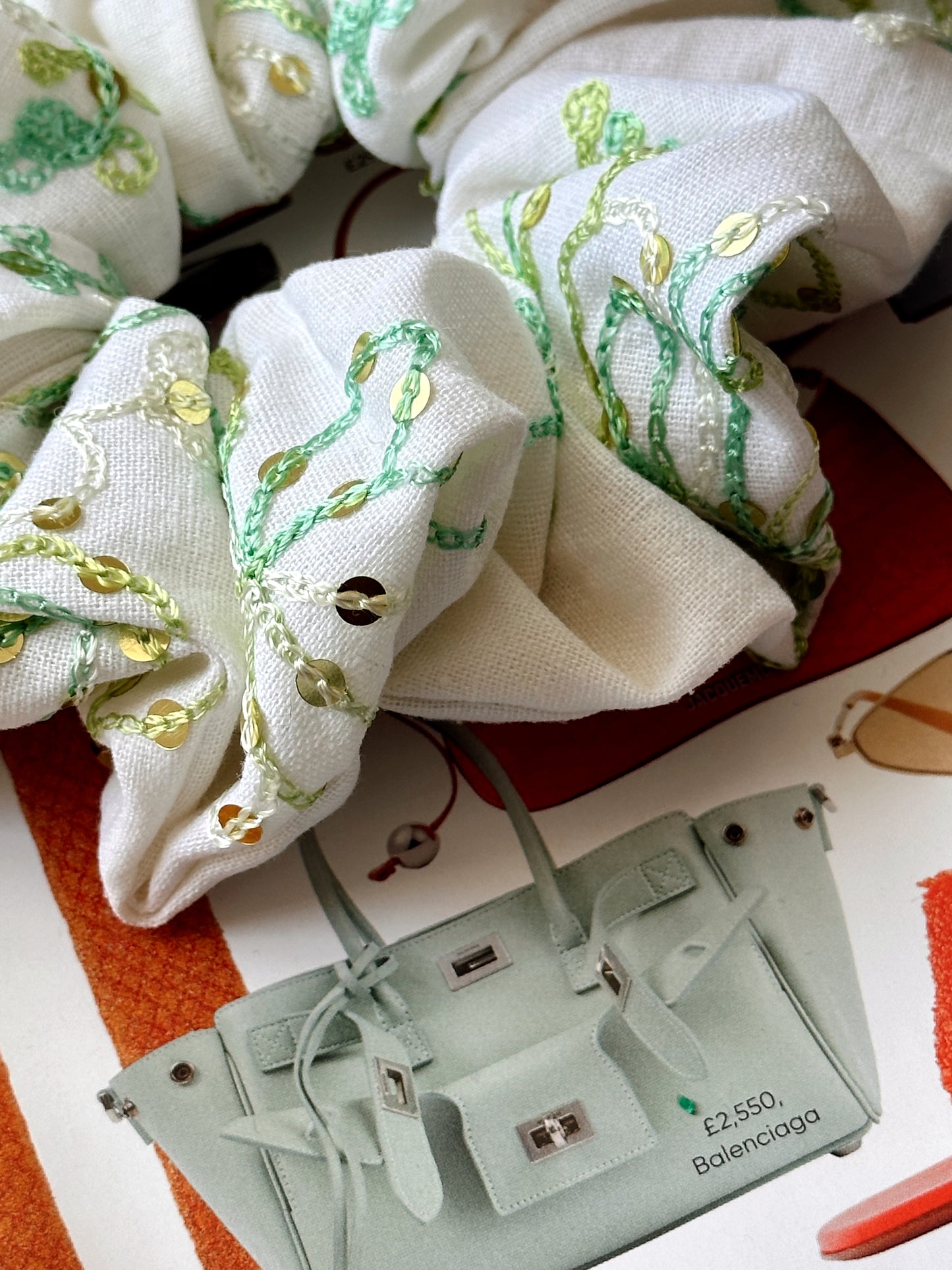 White Linen Scrunchie with Green Sequinned Embroidery