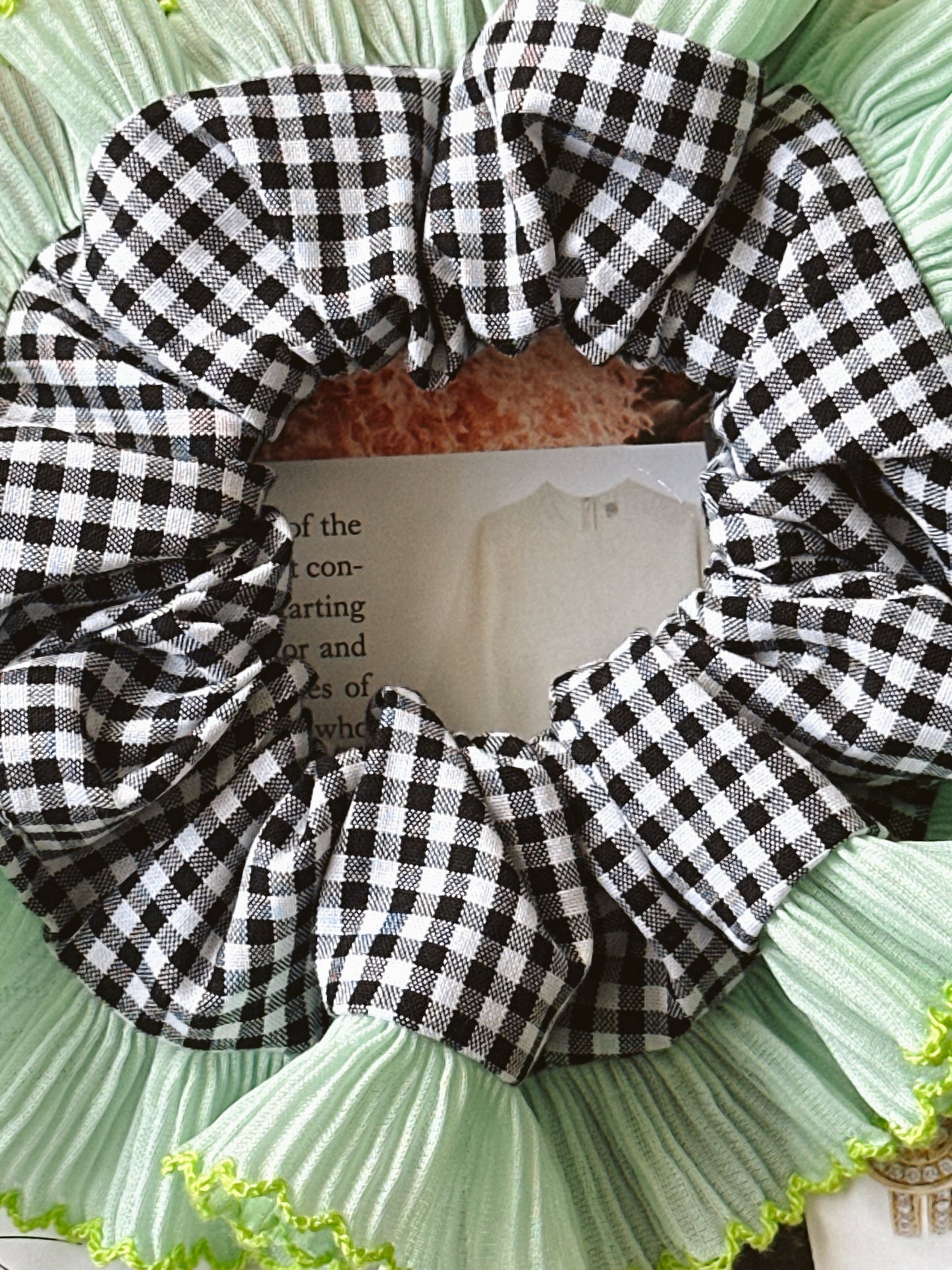 Black Gingham Scrunchie with Mint Green Frill Trim