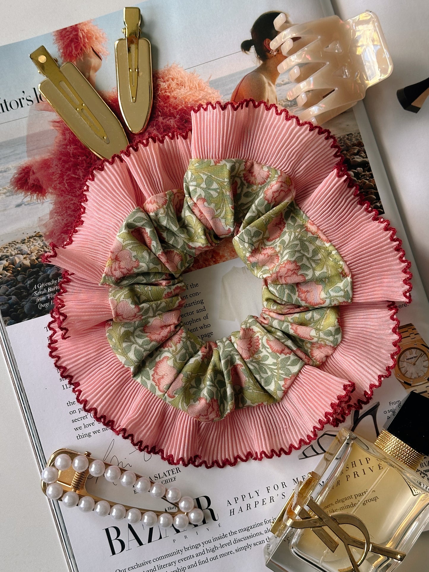 XL Victorian Floral Scrunchie with Pink and Red Frill Trim