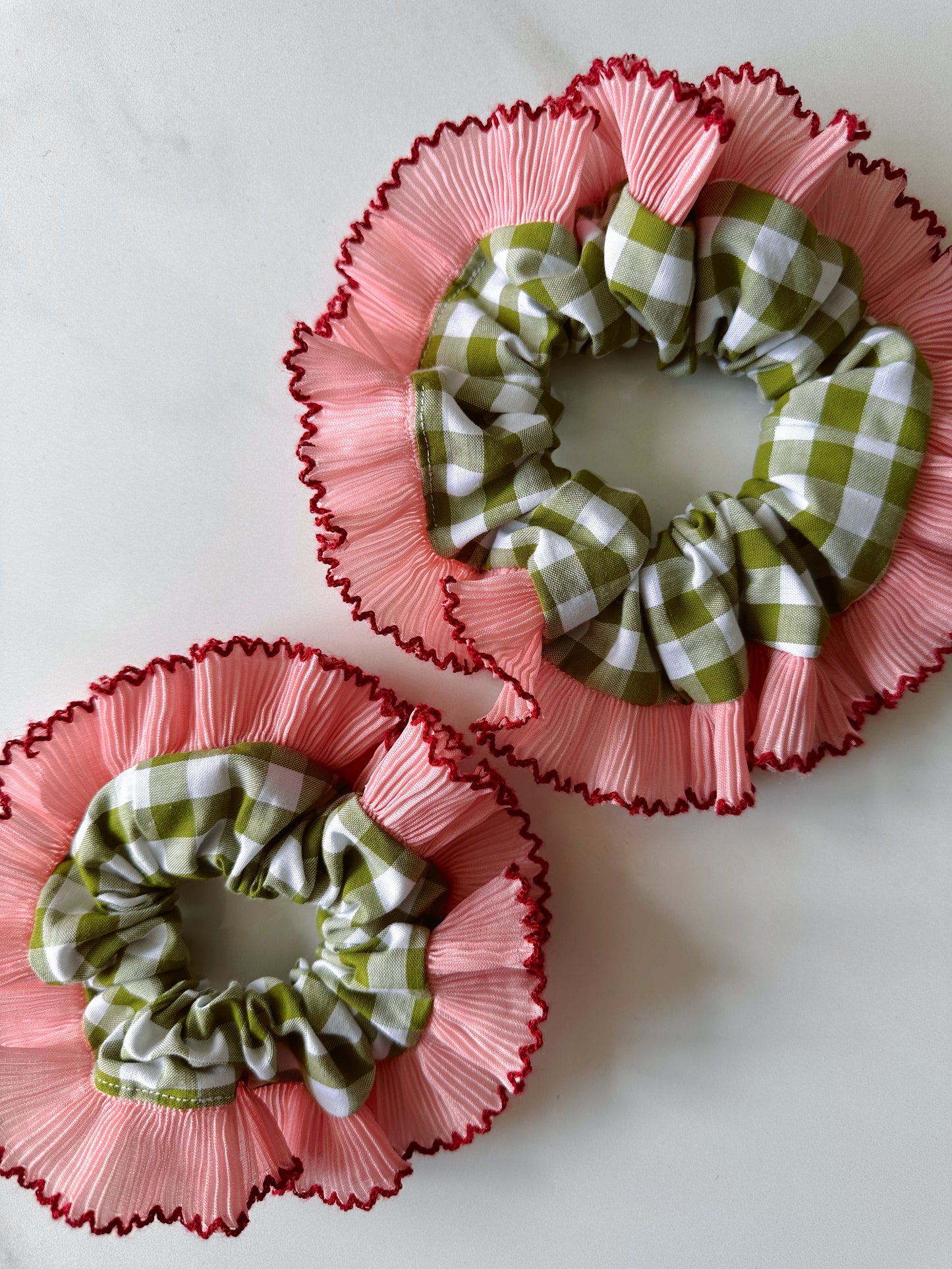 Mini Oversized Olive Green Gingham Scrunchie with Pink Frill Trim