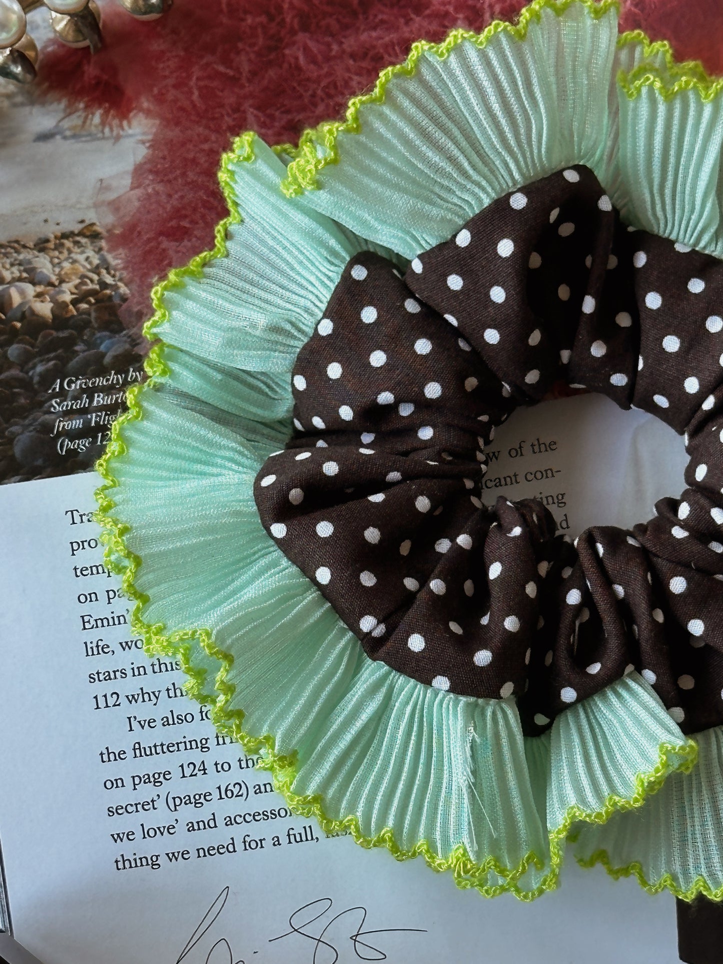 Oversized Dark Brown Polkadot Scrunchie with Green Frill Trim