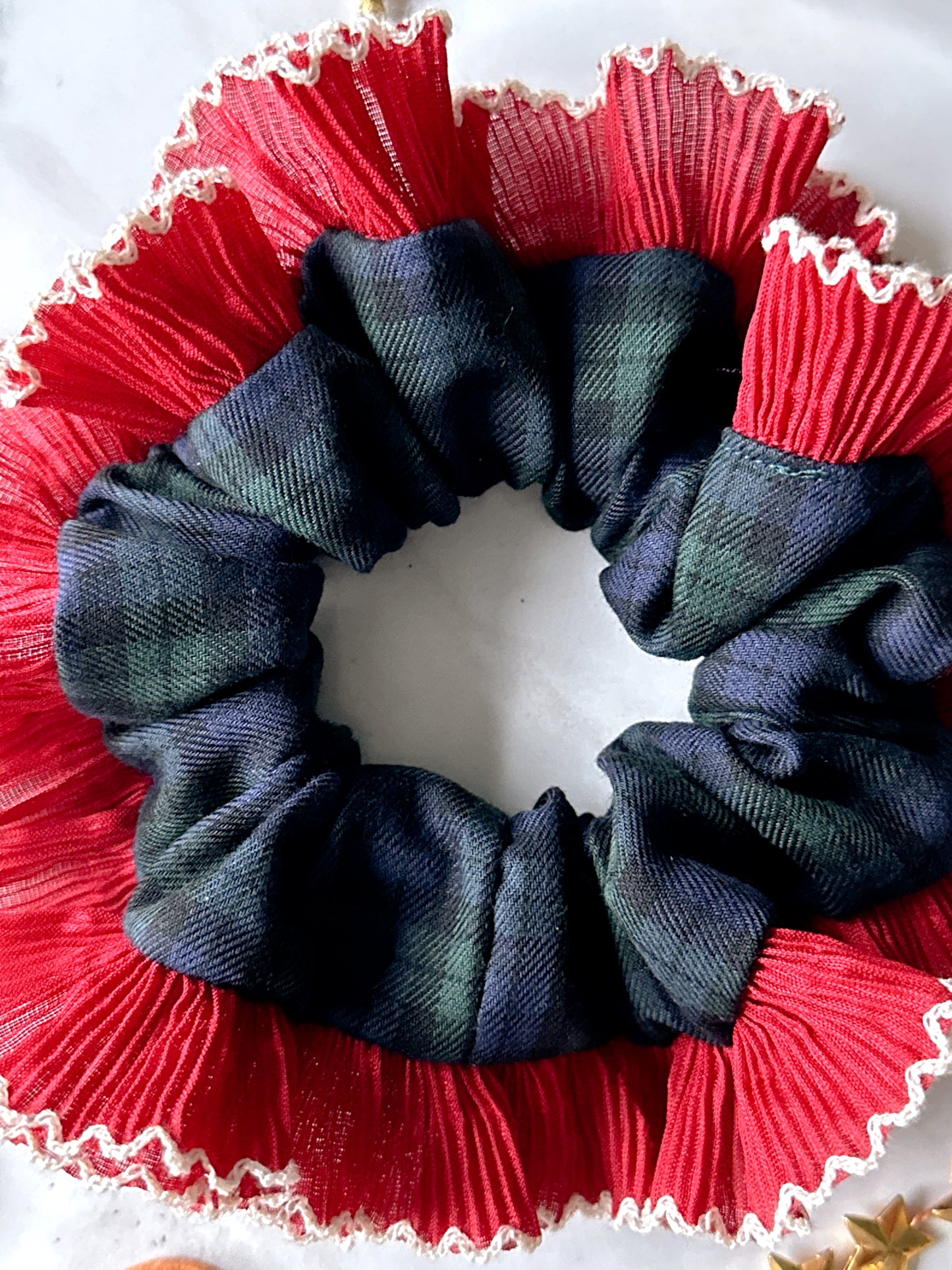Blue and Green Tartan Scrunchie with Red and White Frill Trim