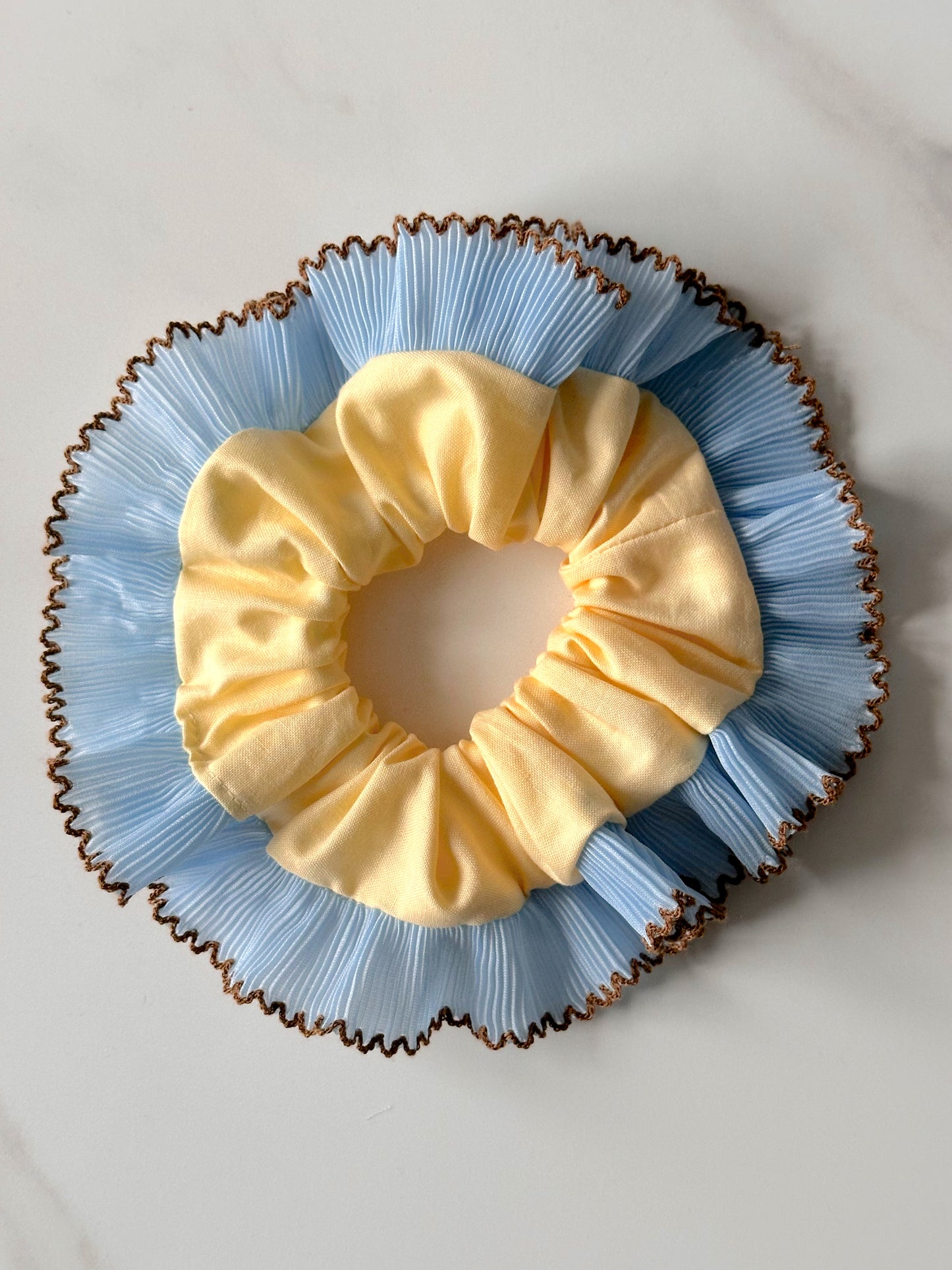 Handmade XL Butter Yellow Scrunchie with Blue and Brown Frill Trim