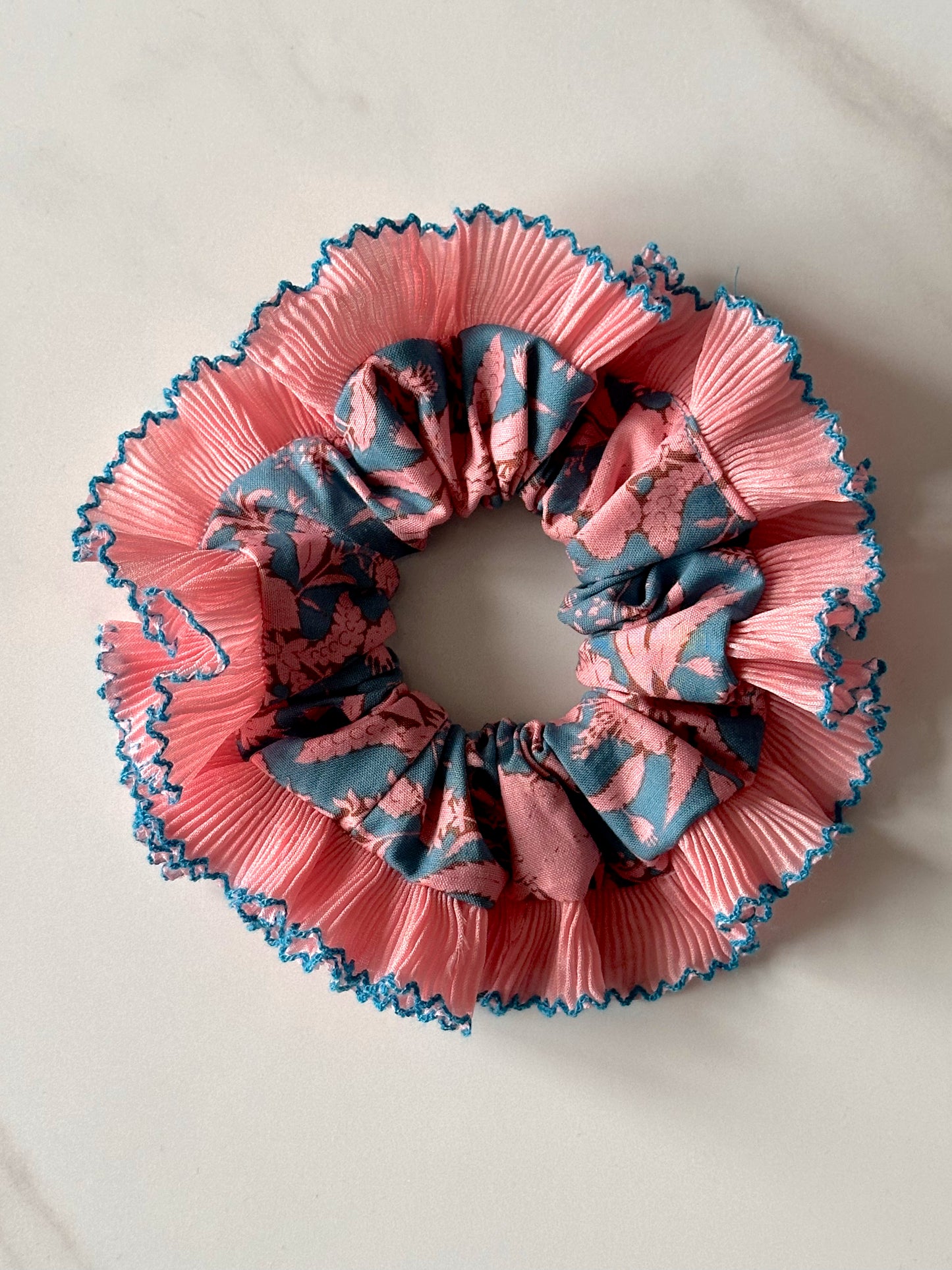 Oversized Turquoise and Pink Scrunchie with a Pink Frill Trim